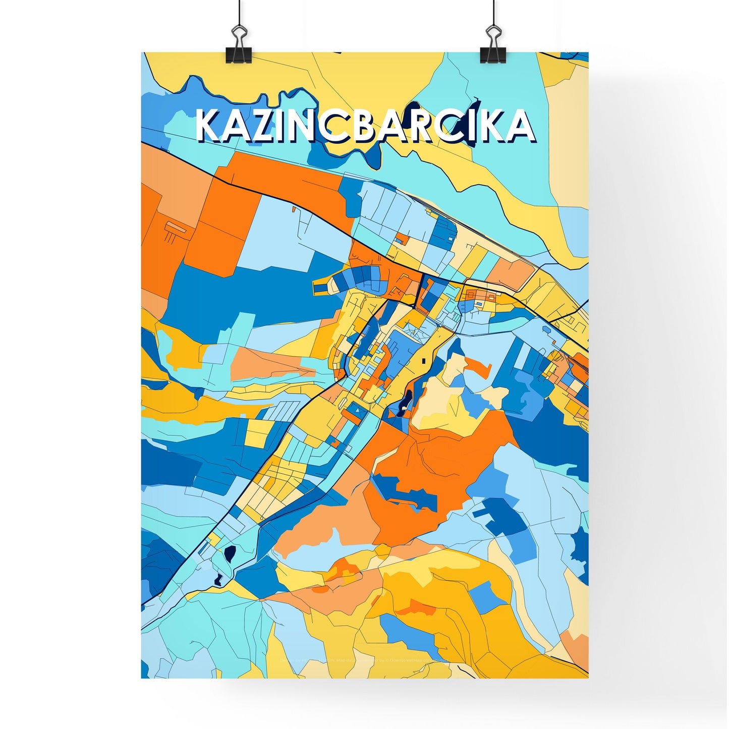 KAZINCBARCIKA HUNGARY Vibrant Colorful Art Map Poster Blue Orange