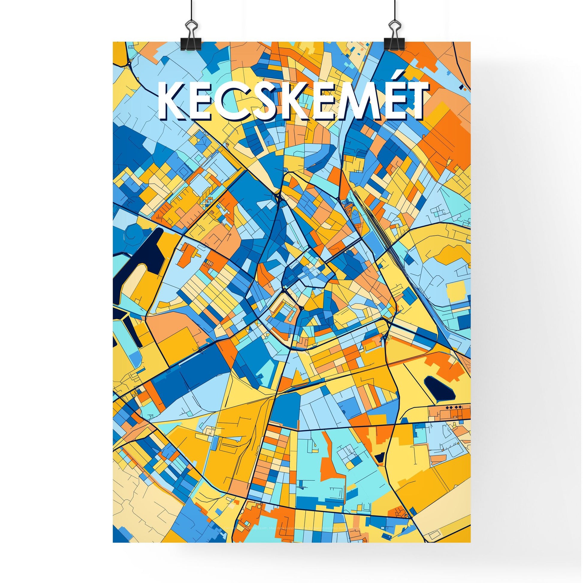 KECSKEMÉT HUNGARY Vibrant Colorful Art Map Poster Blue Orange