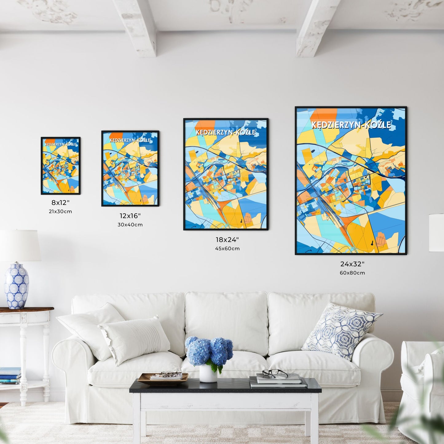 KĘDZIERZYN-KOŹLE POLAND Vibrant Colorful Art Map Poster Blue Orange