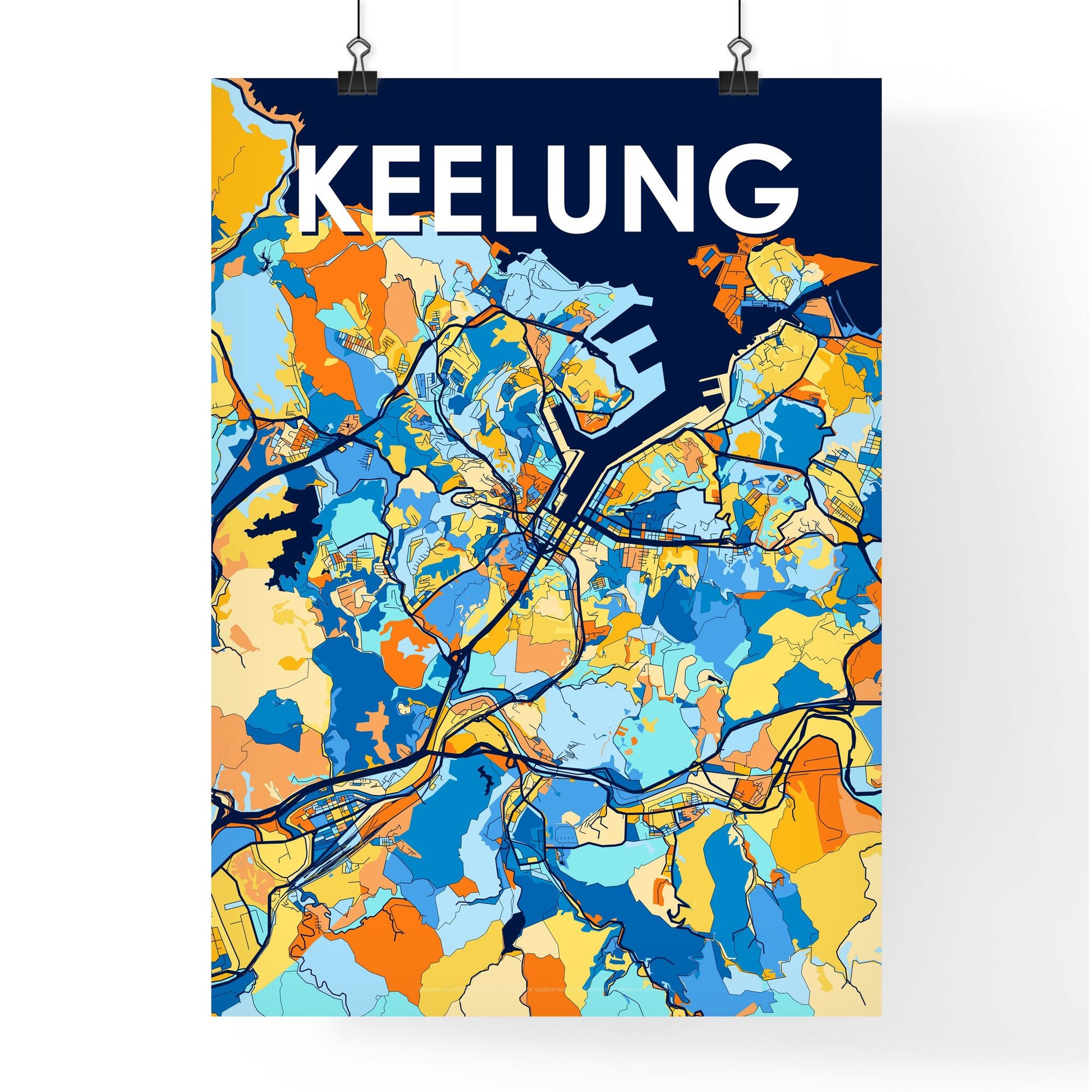 KEELUNG TAIWAN Vibrant Colorful Art Map Poster Blue Orange