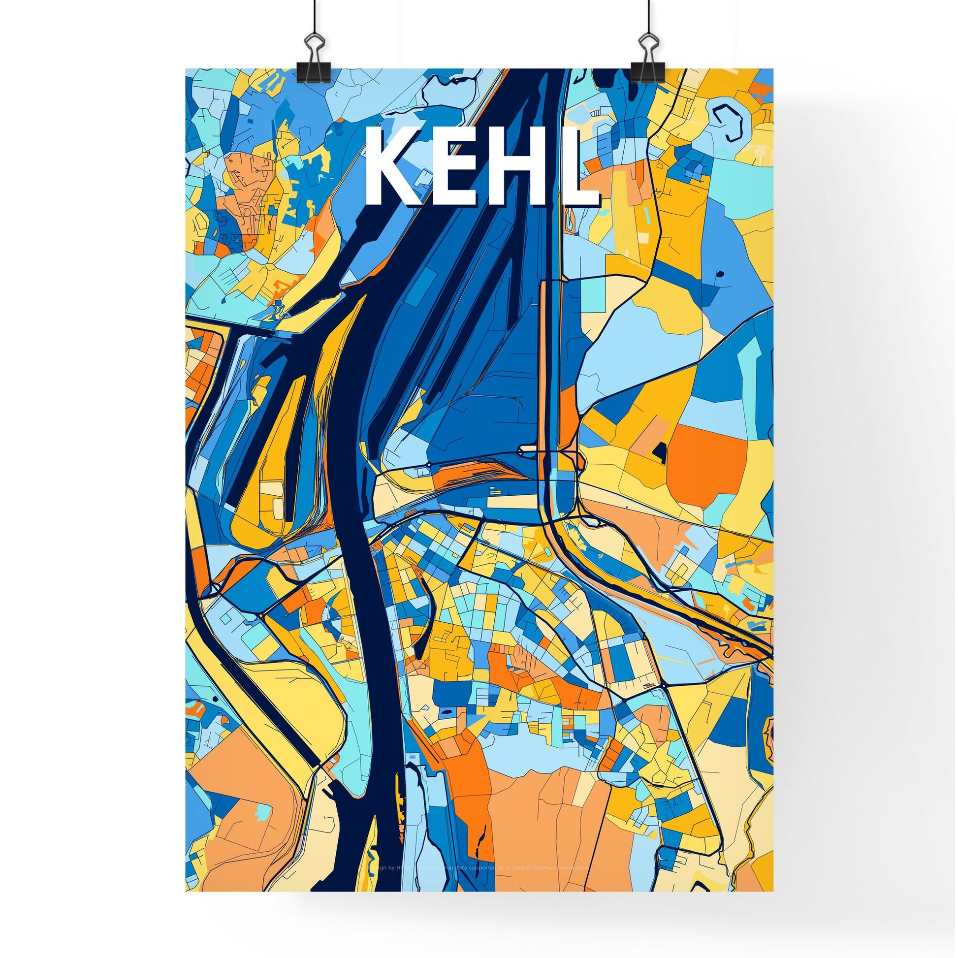 KEHL GERMANY Vibrant Colorful Art Map Poster Blue Orange