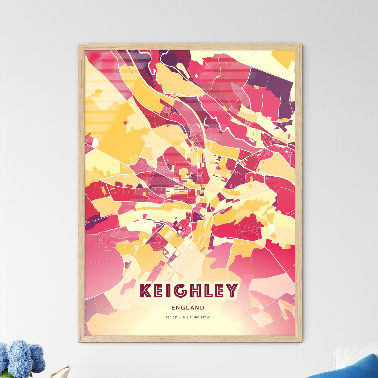 Colorful Keighley England Fine Art Map Hot Red