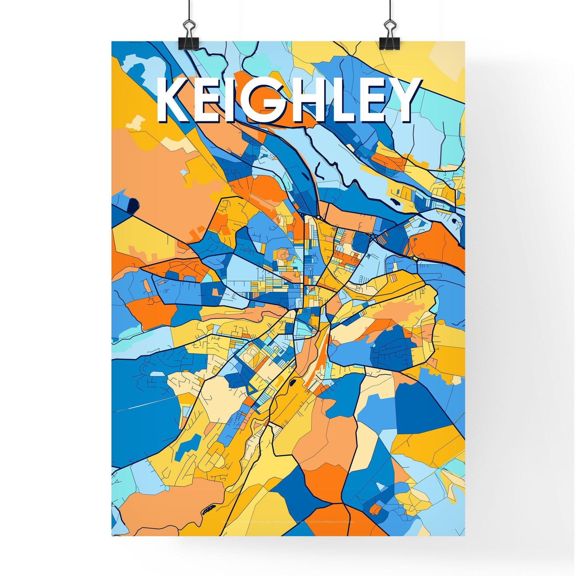 KEIGHLEY ENGLAND Vibrant Colorful Art Map Poster Blue Orange