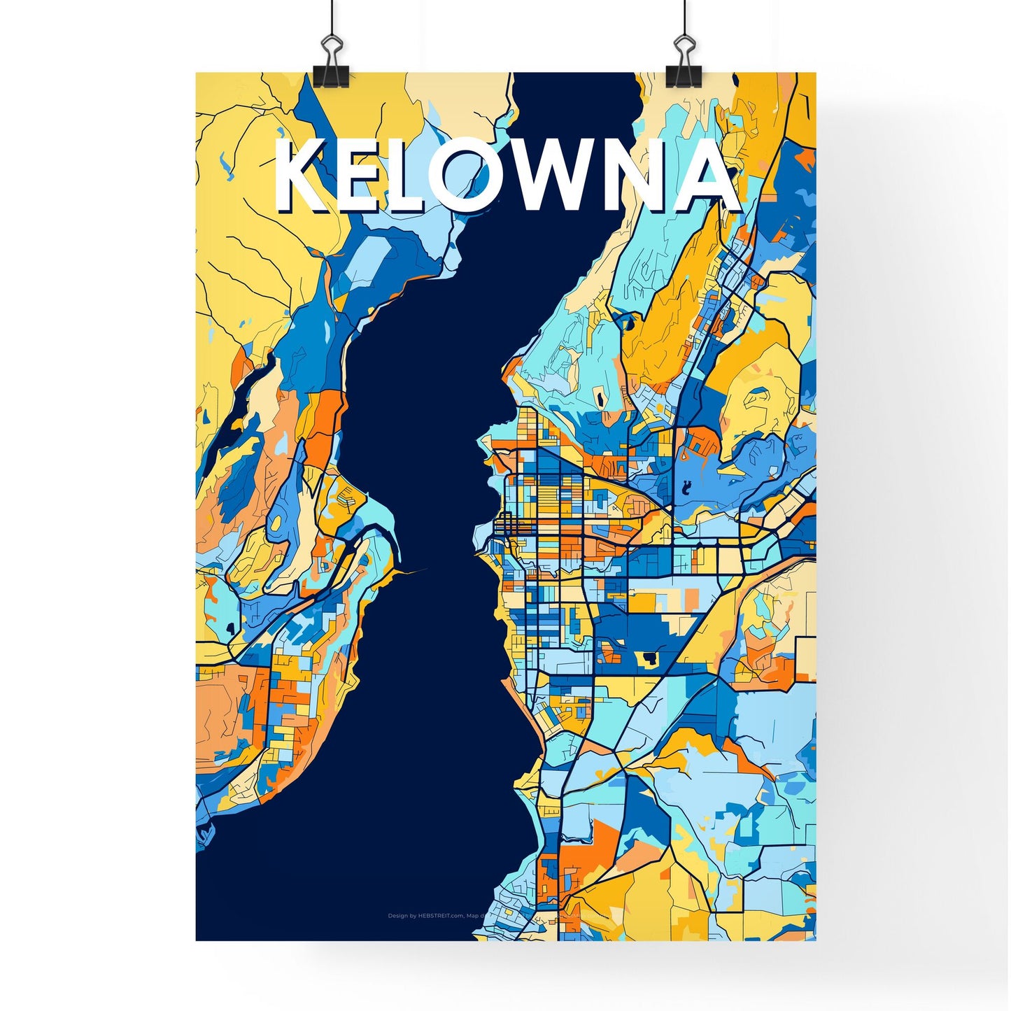 KELOWNA CANADA Vibrant Colorful Art Map Poster Blue Orange