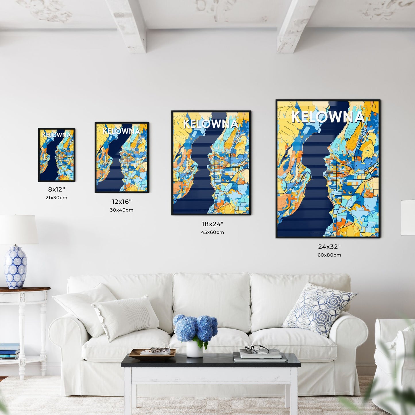 KELOWNA CANADA Vibrant Colorful Art Map Poster Blue Orange