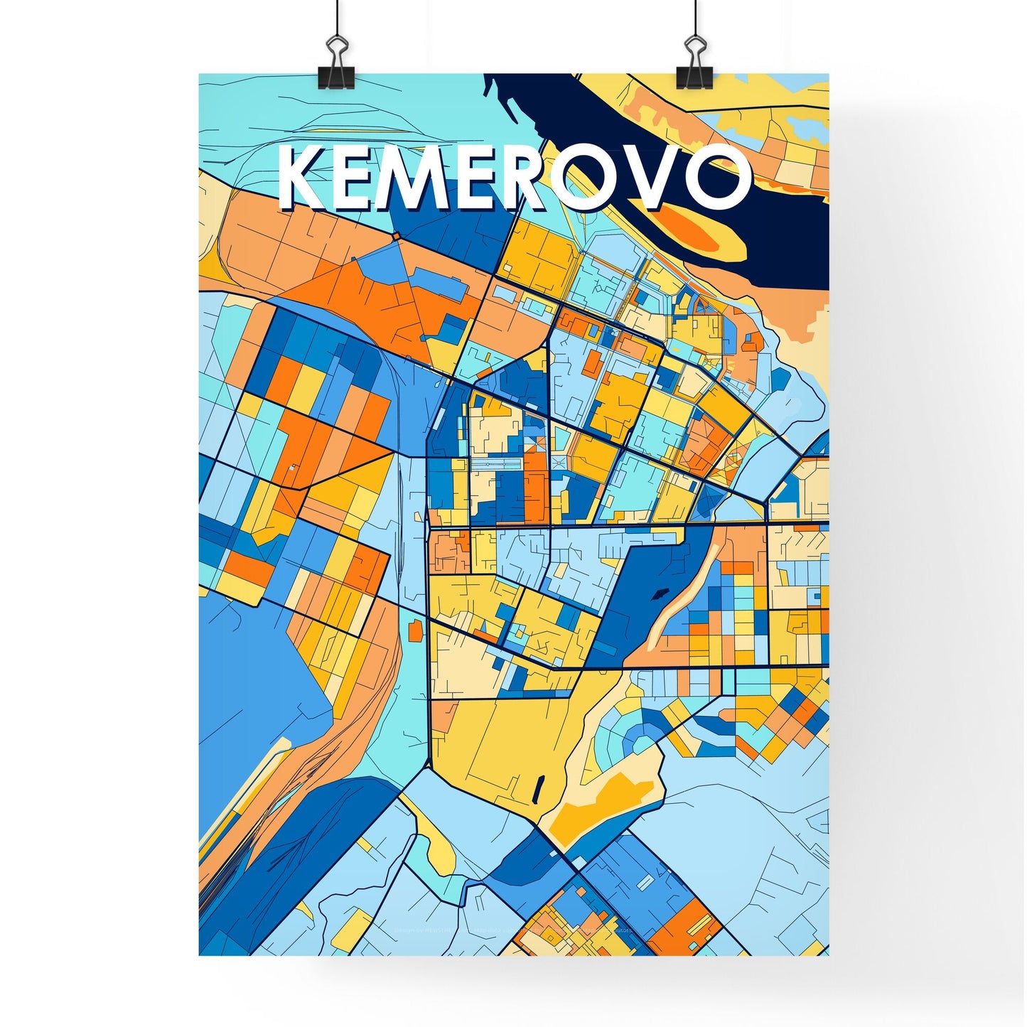 KEMEROVO RUSSIA Vibrant Colorful Art Map Poster Blue Orange