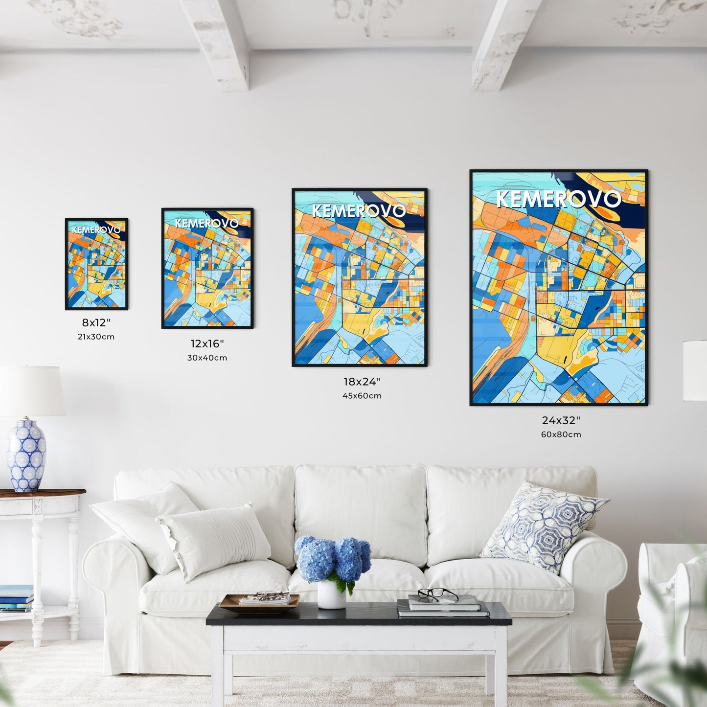 KEMEROVO RUSSIA Vibrant Colorful Art Map Poster Blue Orange