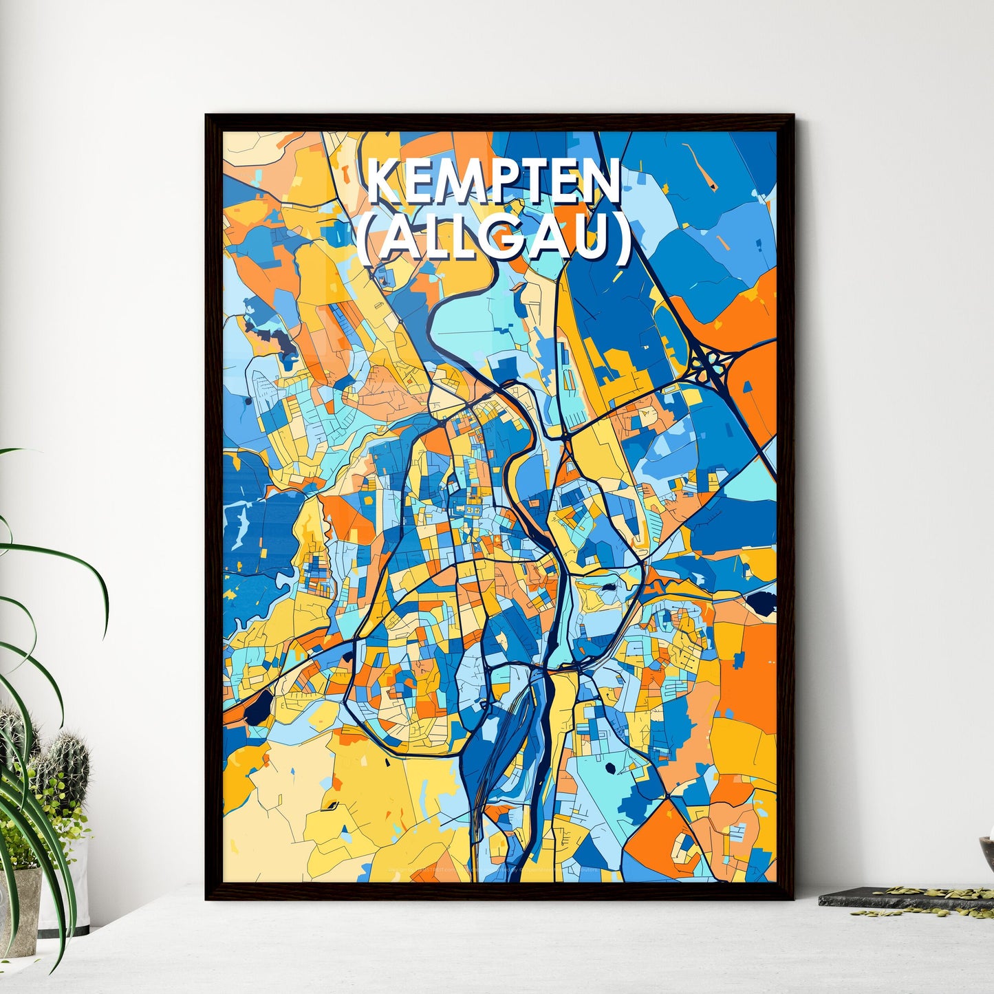 KEMPTEN (ALLGAU) GERMANY Vibrant Colorful Art Map Poster Blue Orange