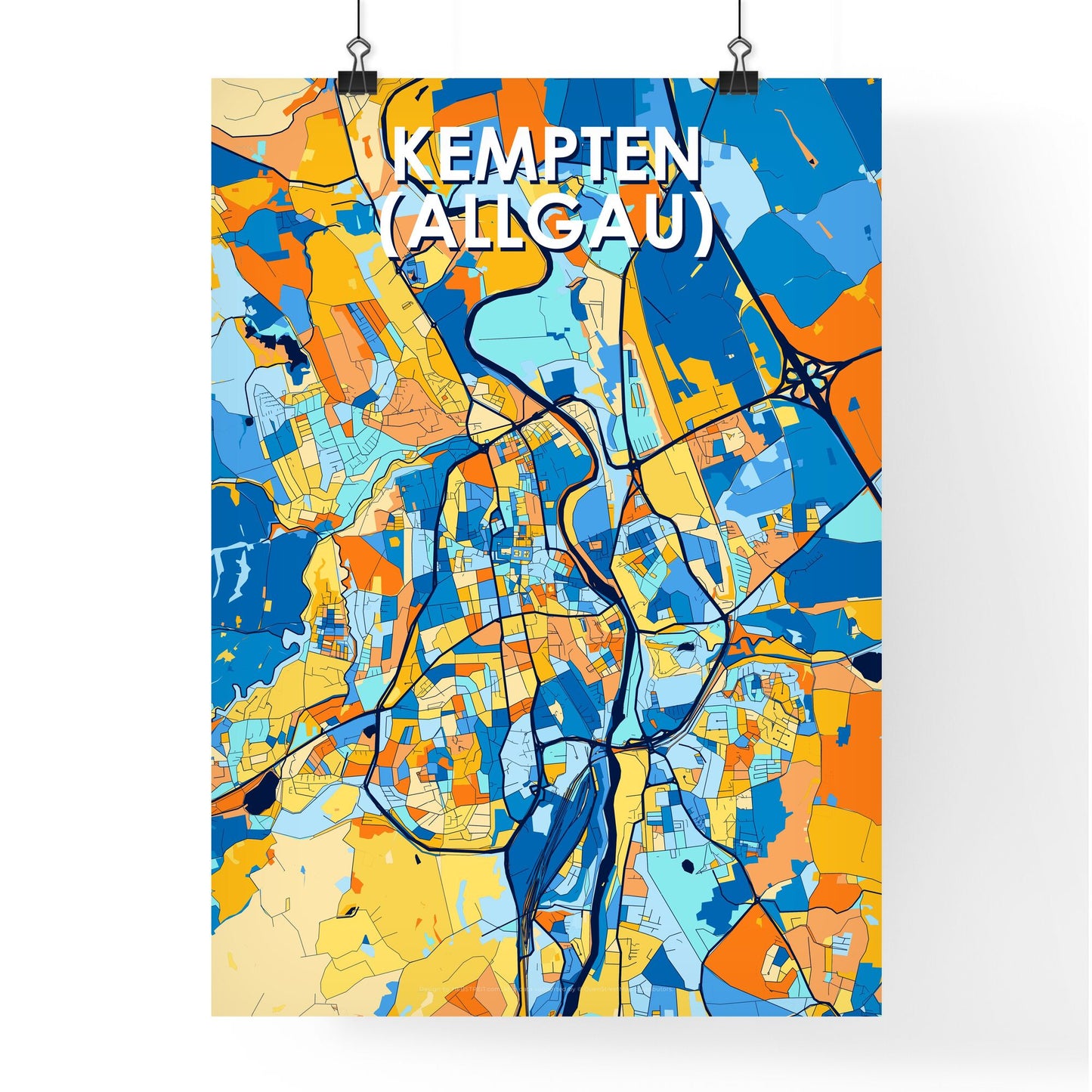 KEMPTEN (ALLGAU) GERMANY Vibrant Colorful Art Map Poster Blue Orange