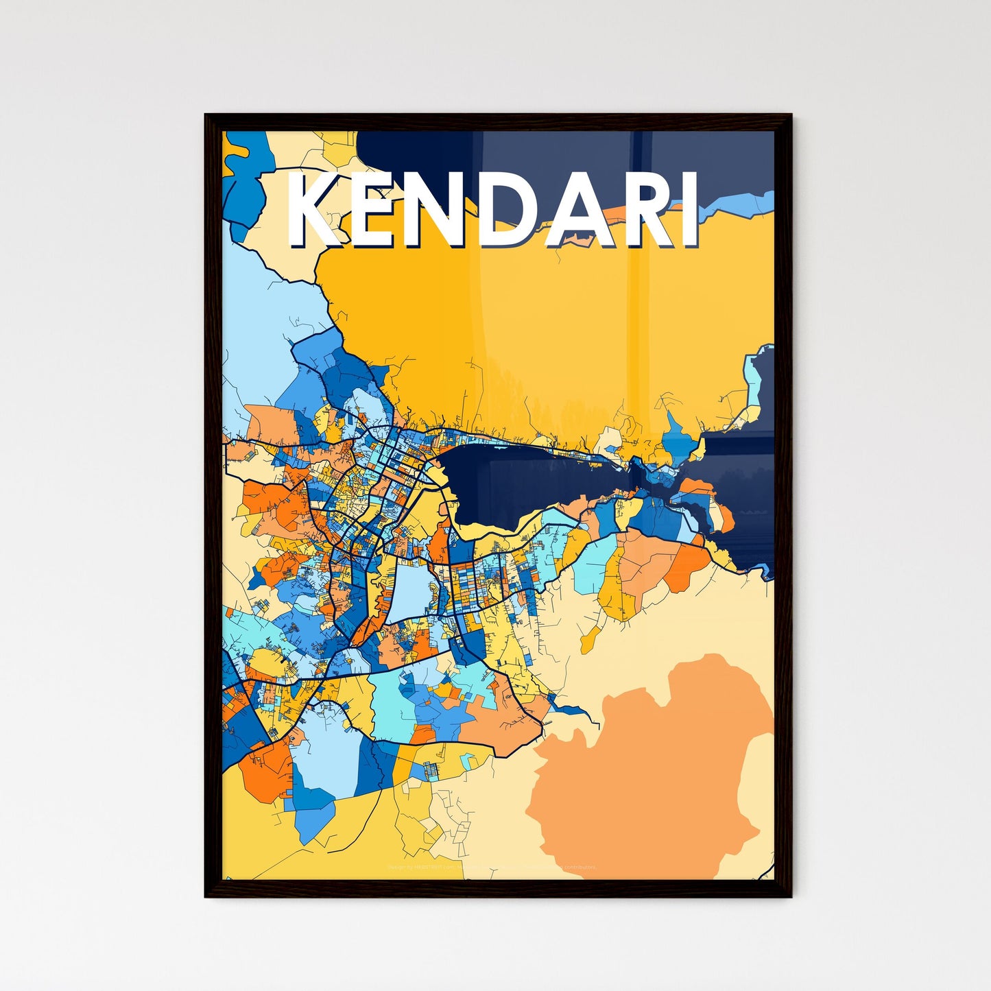 KENDARI INDONESIA Vibrant Colorful Art Map Poster Blue Orange