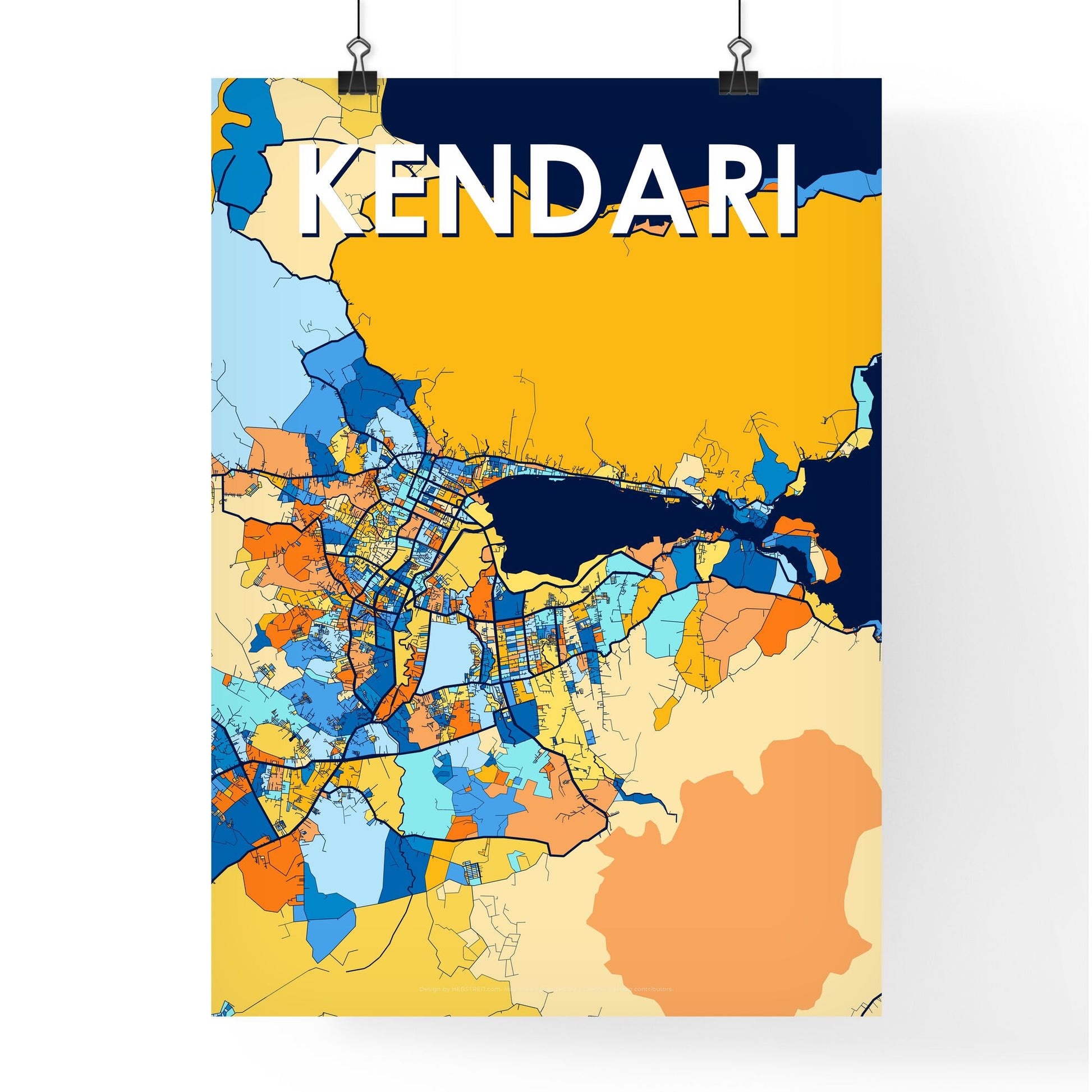 KENDARI INDONESIA Vibrant Colorful Art Map Poster Blue Orange