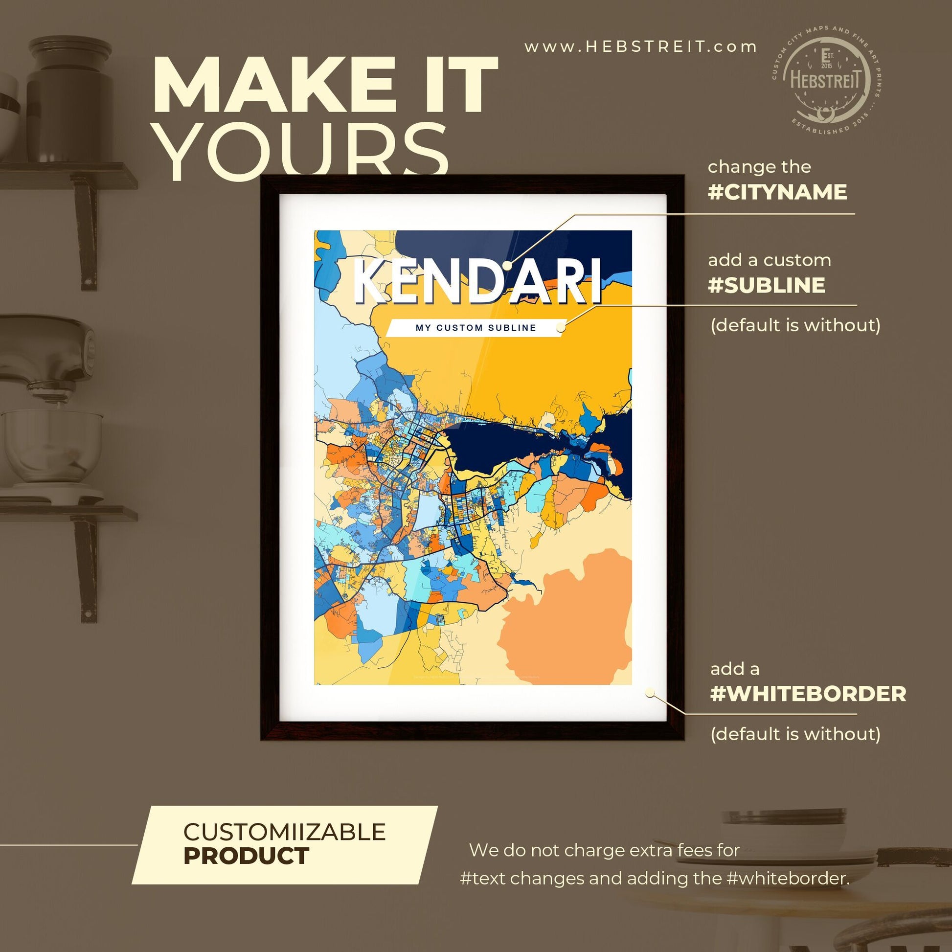 KENDARI INDONESIA Vibrant Colorful Art Map Poster Blue Orange