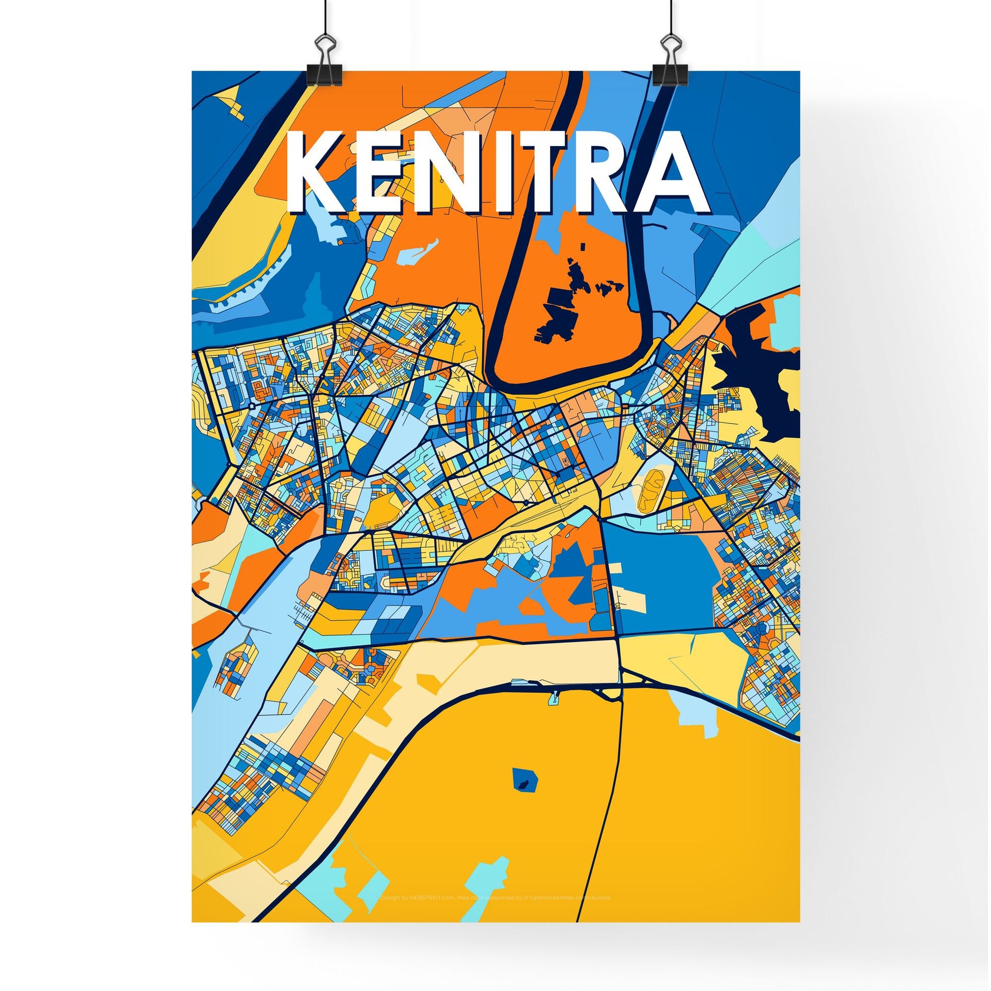 KENITRA MOROCCO Vibrant Colorful Art Map Poster Blue Orange