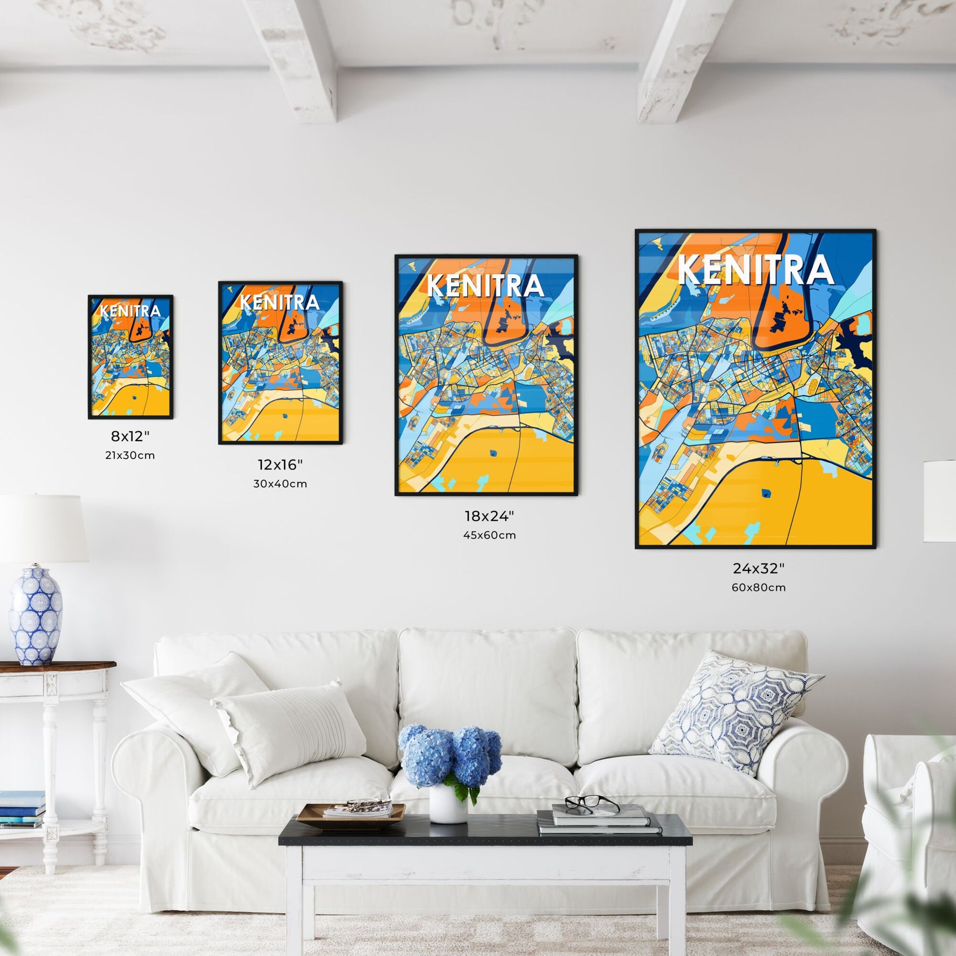 KENITRA MOROCCO Vibrant Colorful Art Map Poster Blue Orange