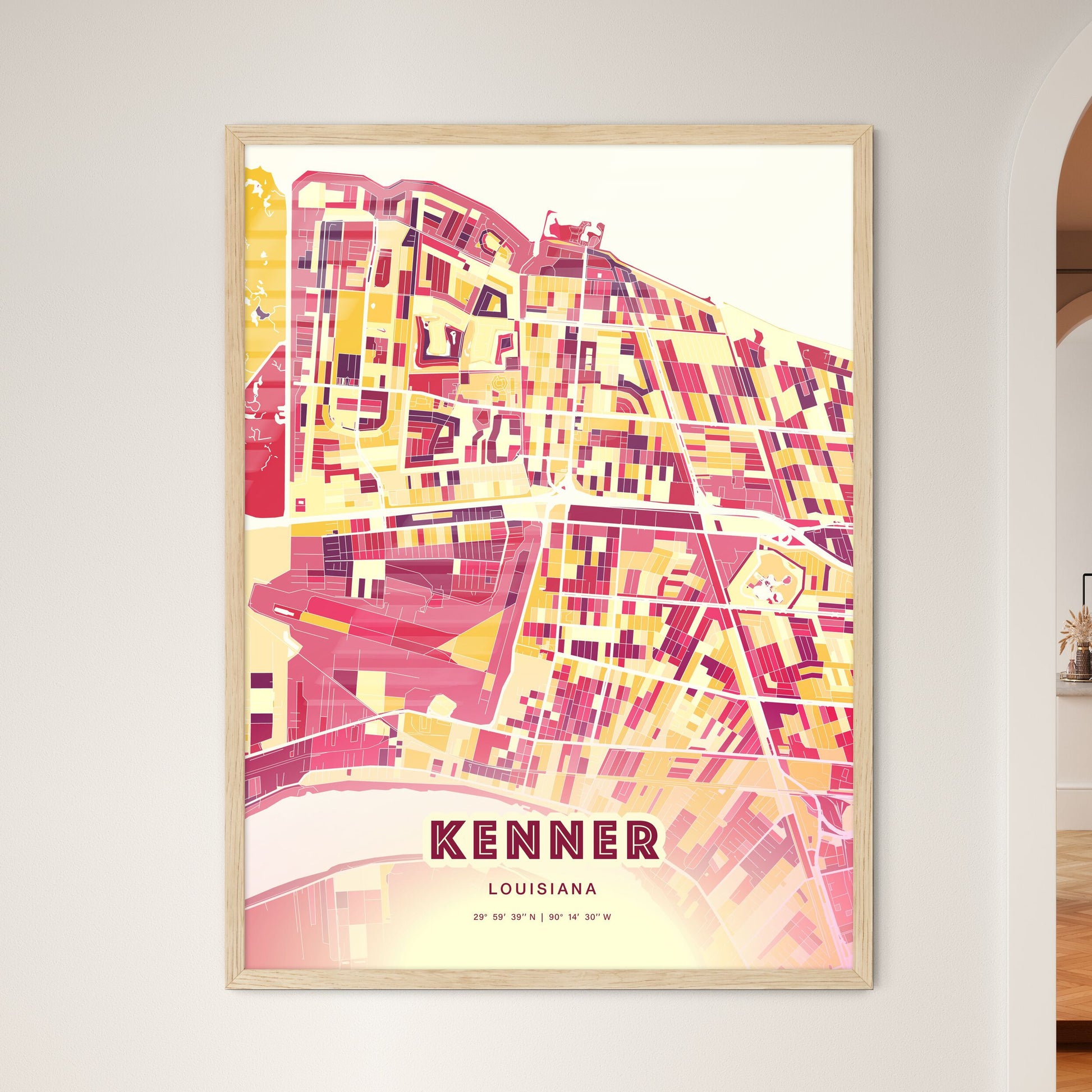 Colorful Kenner Louisiana Fine Art Map Hot Red