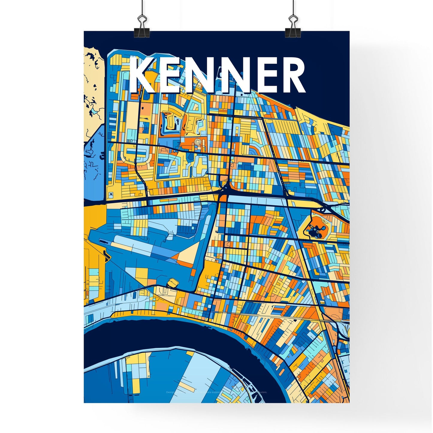 KENNER LOUISIANA Vibrant Colorful Art Map Poster Blue Orange