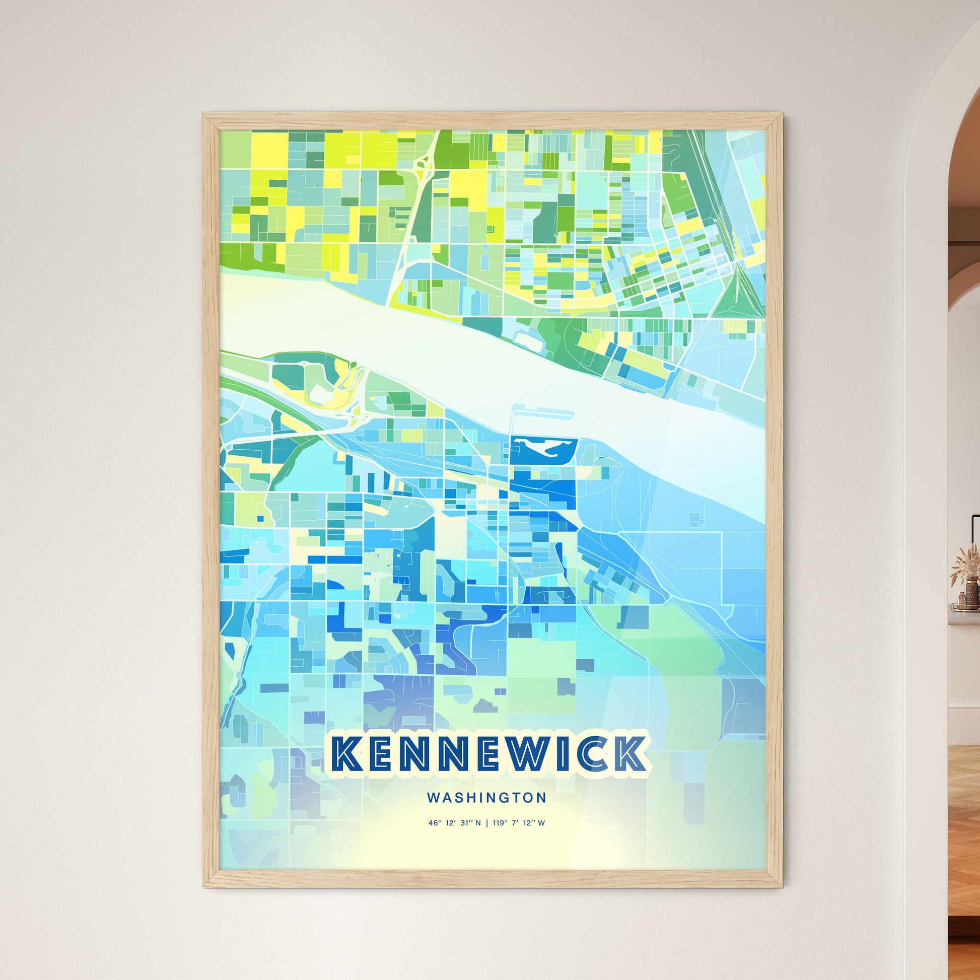 Colorful Kennewick Washington Fine Art Map Cool Blue