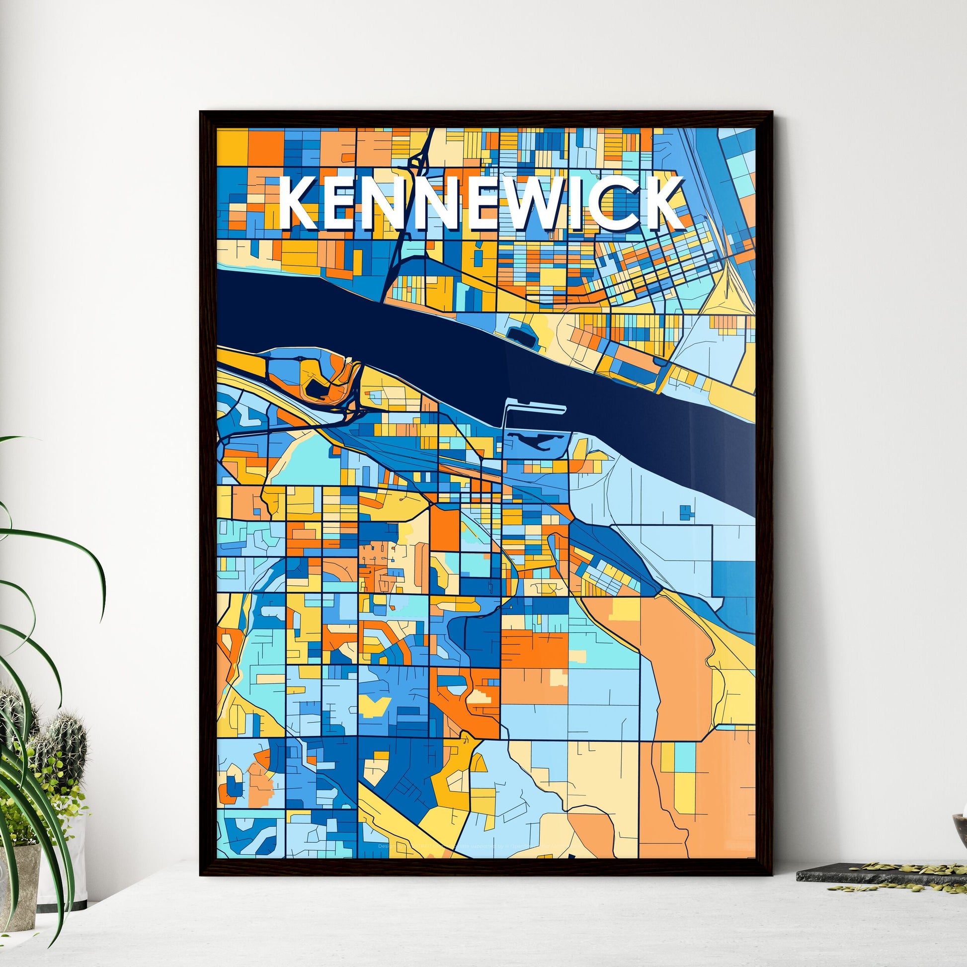 KENNEWICK WASHINGTON Vibrant Colorful Art Map Poster Blue Orange