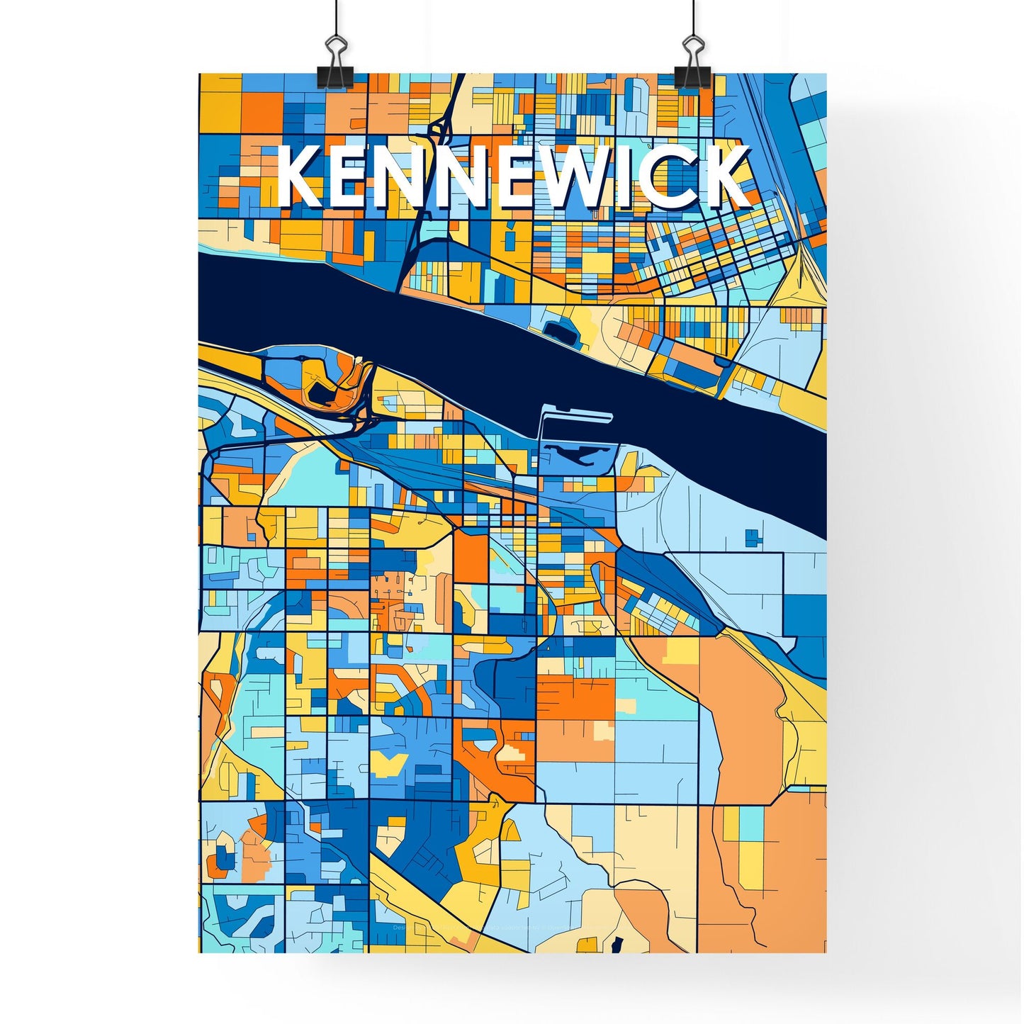 KENNEWICK WASHINGTON Vibrant Colorful Art Map Poster Blue Orange