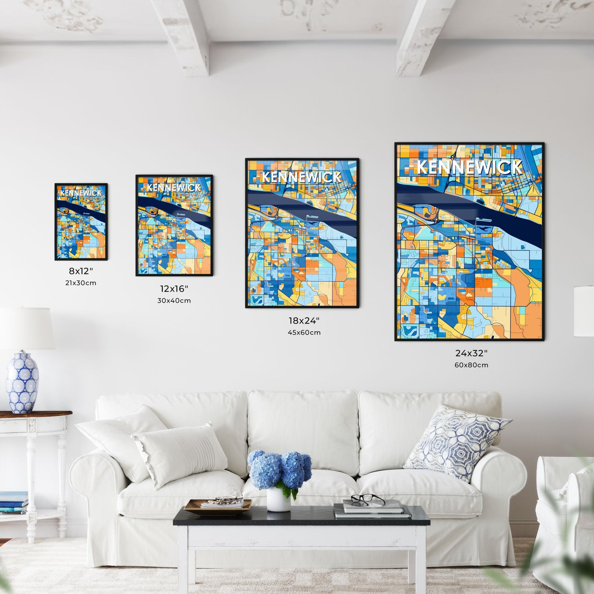 KENNEWICK WASHINGTON Vibrant Colorful Art Map Poster Blue Orange