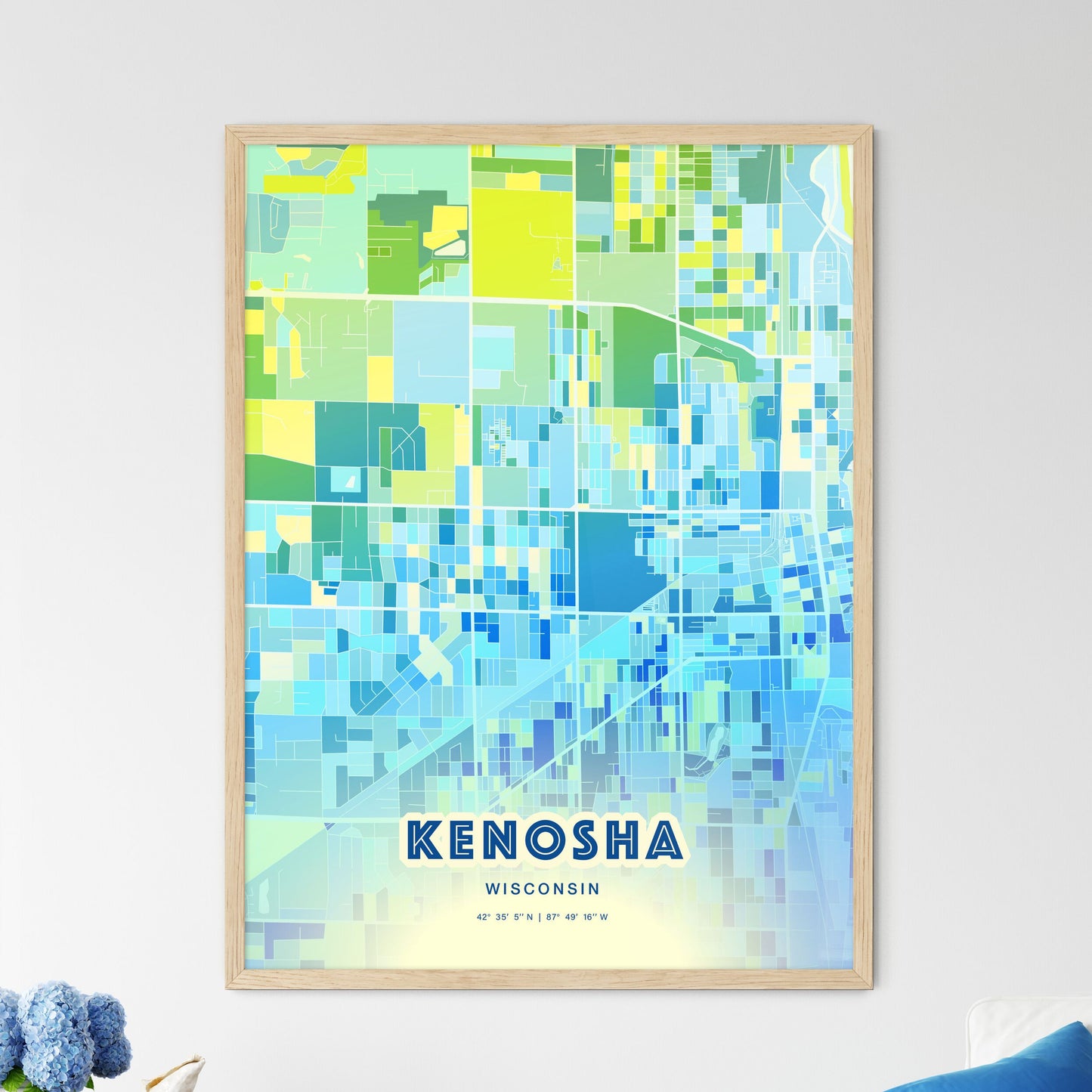 Colorful Kenosha Wisconsin Fine Art Map Cool Blue