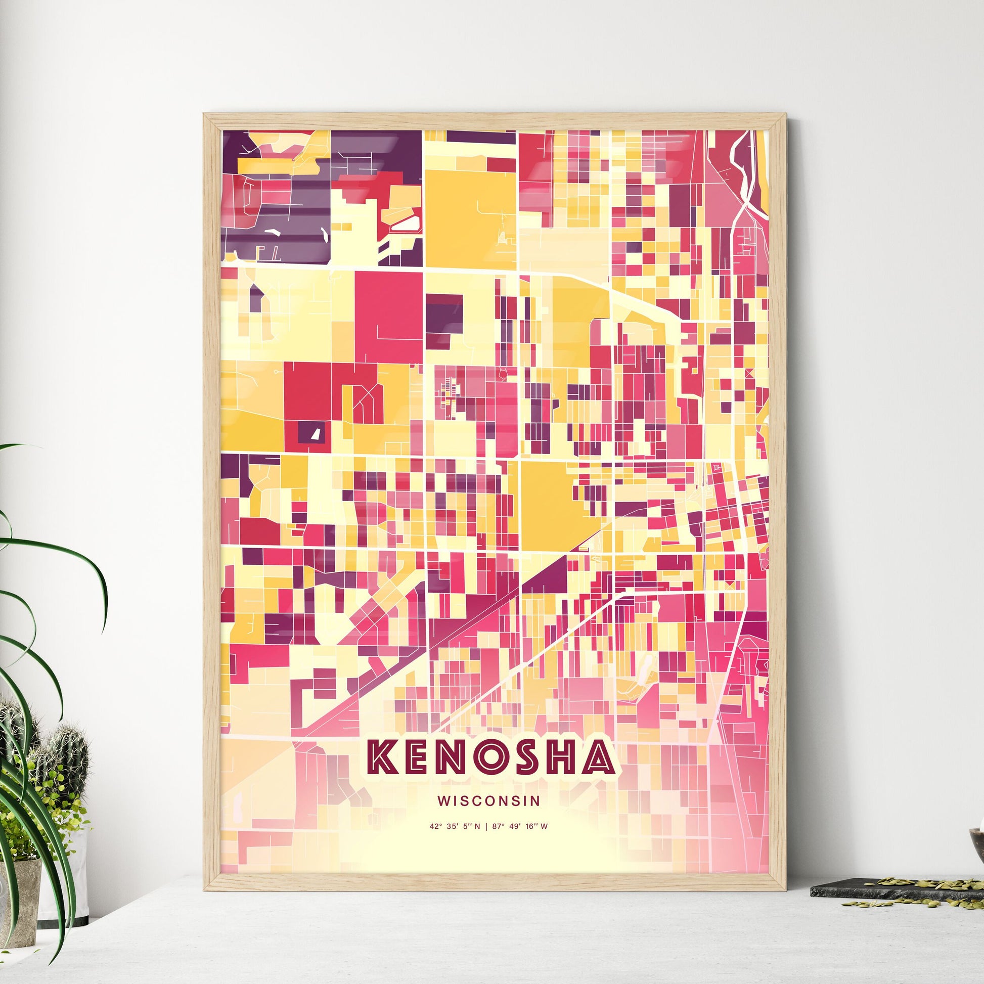 Colorful Kenosha Wisconsin Fine Art Map Hot Red