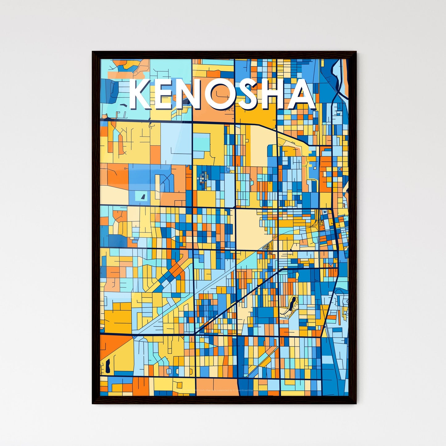 KENOSHA WISCONSIN Vibrant Colorful Art Map Poster Blue Orange