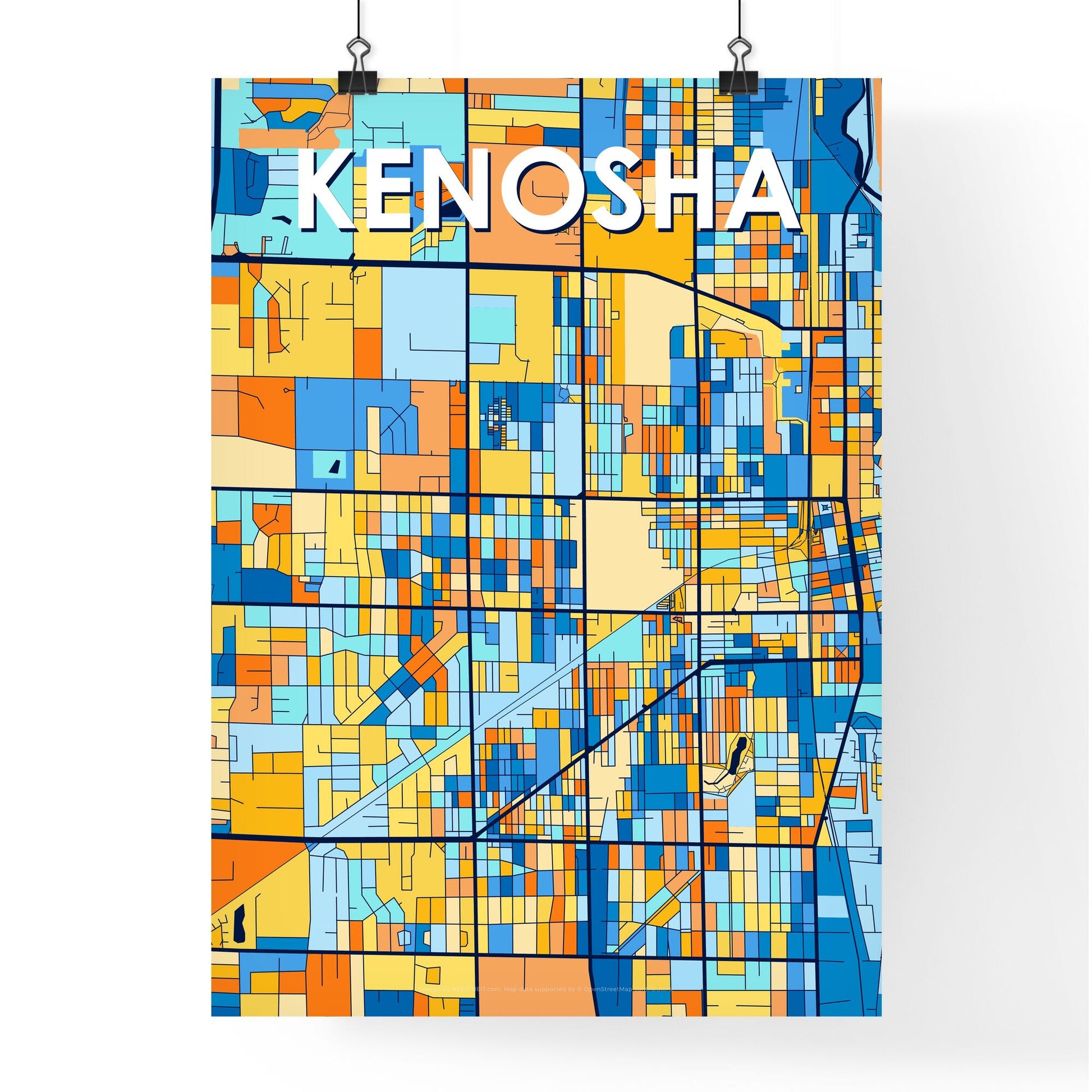 KENOSHA WISCONSIN Vibrant Colorful Art Map Poster Blue Orange