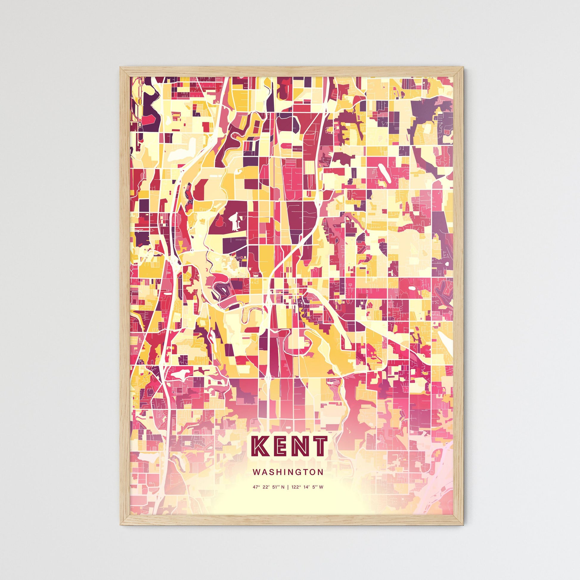 Colorful Kent Washington Fine Art Map Hot Red