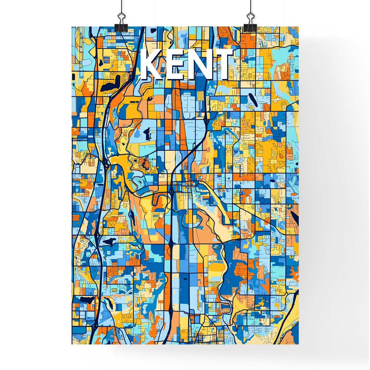 KENT WASHINGTON Vibrant Colorful Art Map Poster Blue Orange