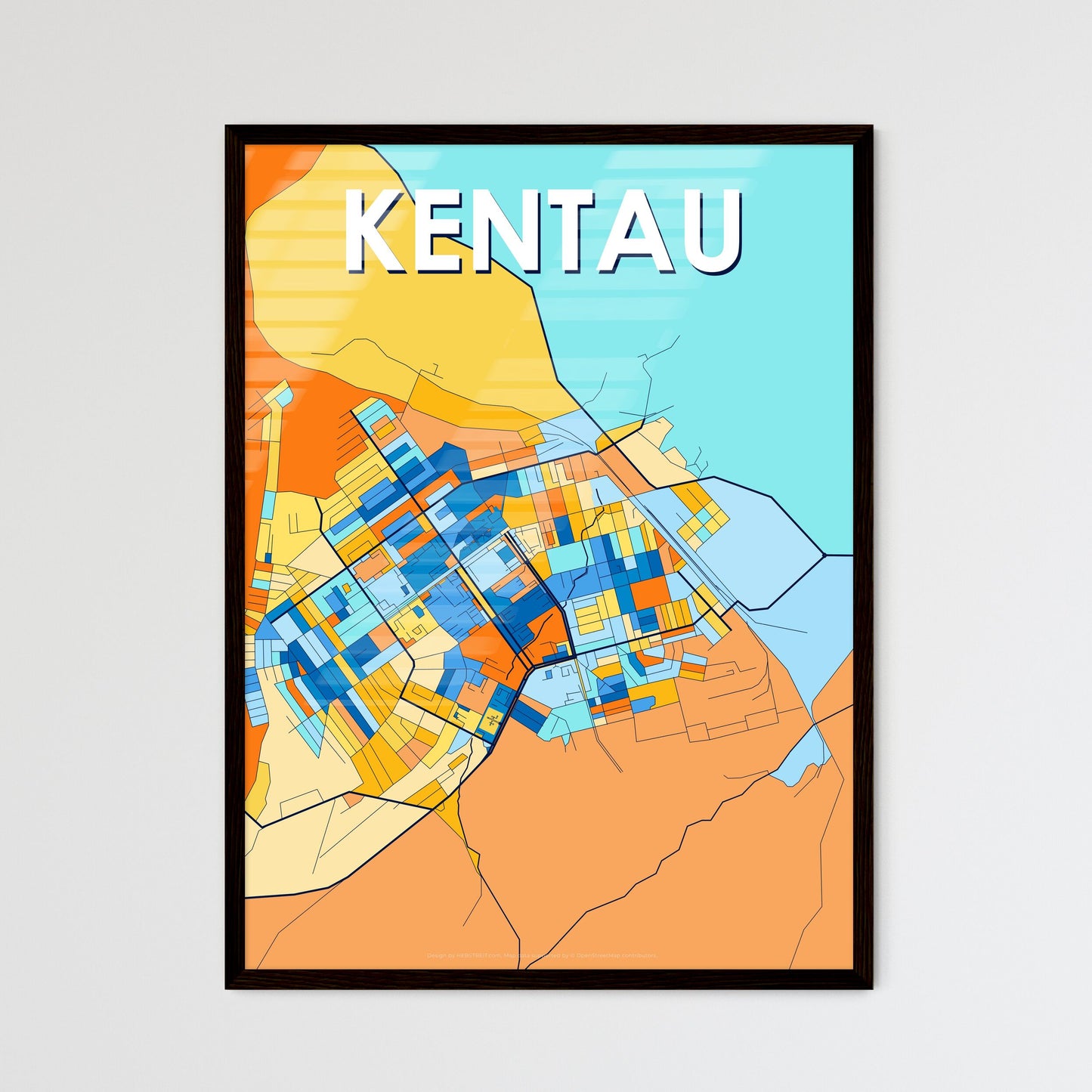 KENTAU KAZAKHSTAN Vibrant Colorful Art Map Poster Blue Orange