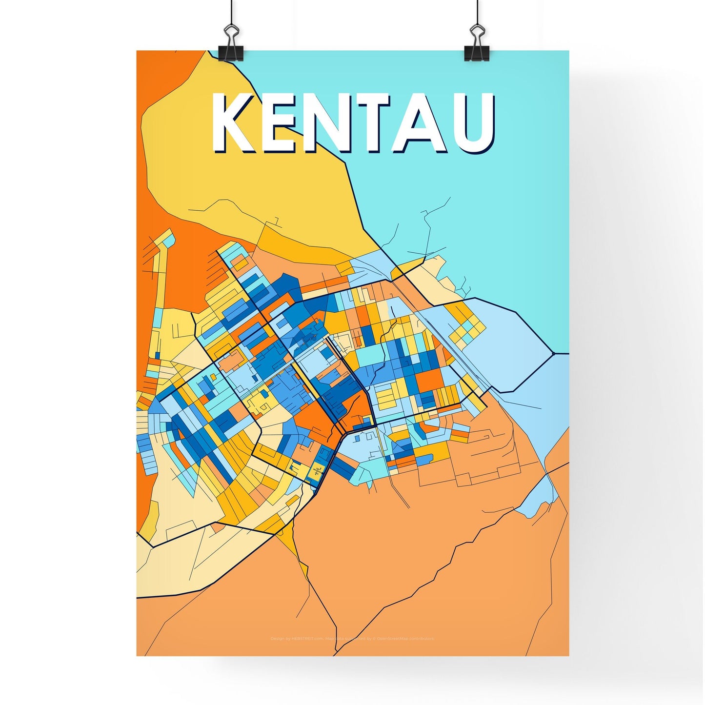 KENTAU KAZAKHSTAN Vibrant Colorful Art Map Poster Blue Orange