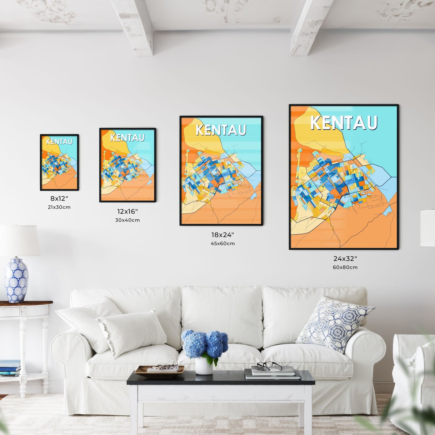 KENTAU KAZAKHSTAN Vibrant Colorful Art Map Poster Blue Orange