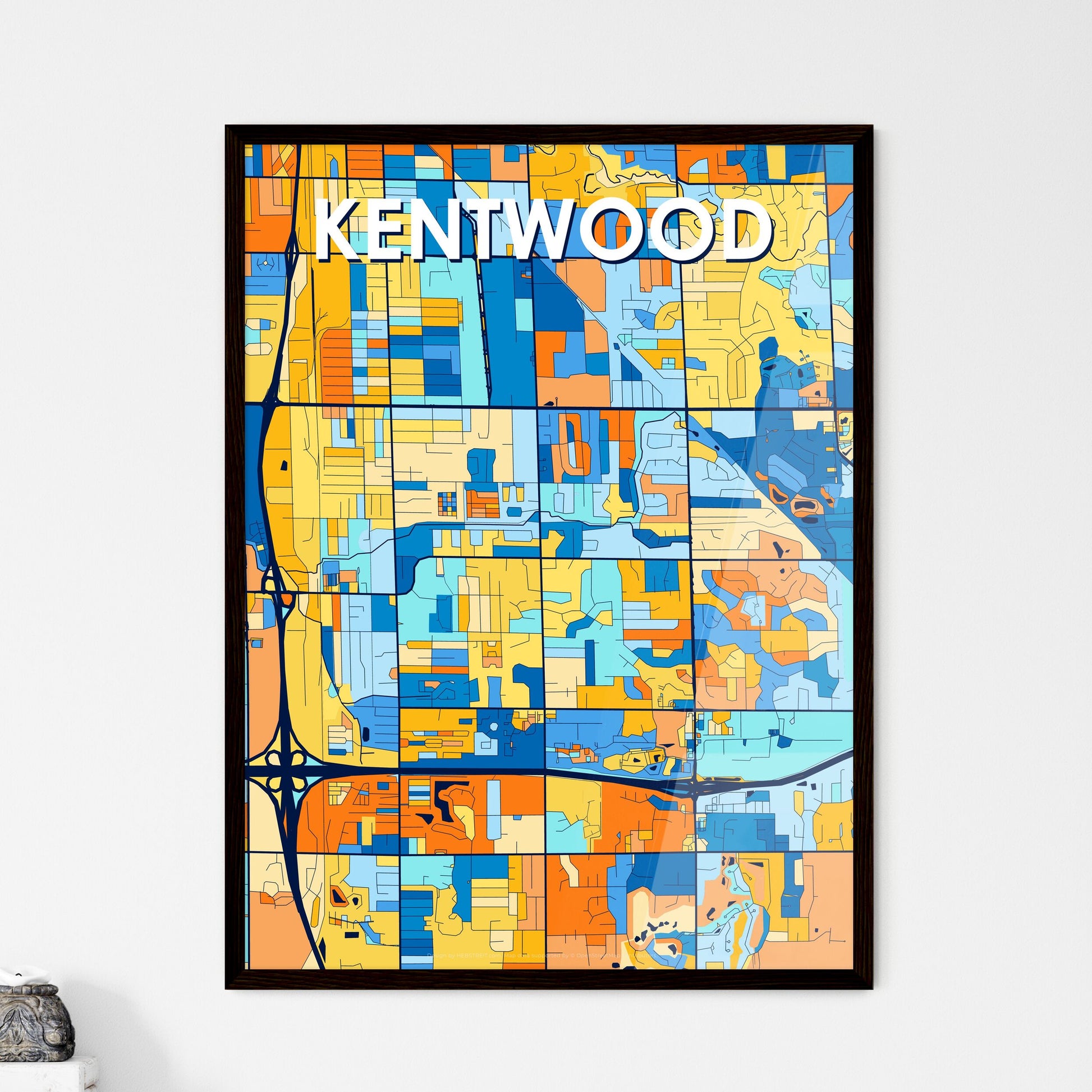 KENTWOOD MICHIGAN Vibrant Colorful Art Map Poster Blue Orange