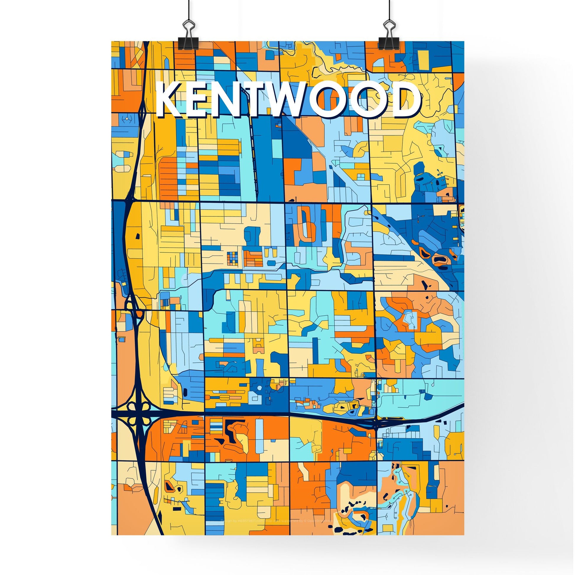 KENTWOOD MICHIGAN Vibrant Colorful Art Map Poster Blue Orange