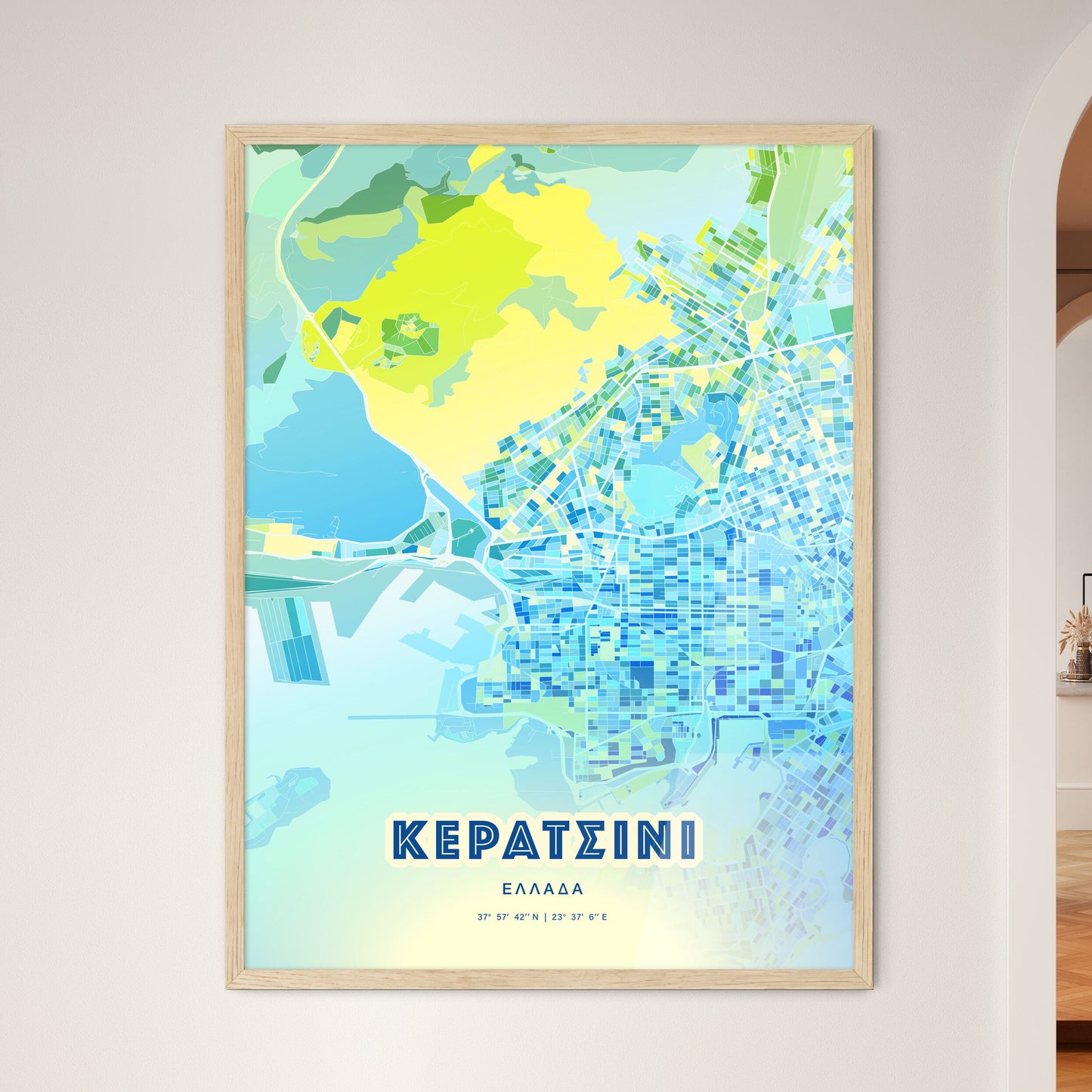 Colorful Keratsini Greece Fine Art Map Cool Blue