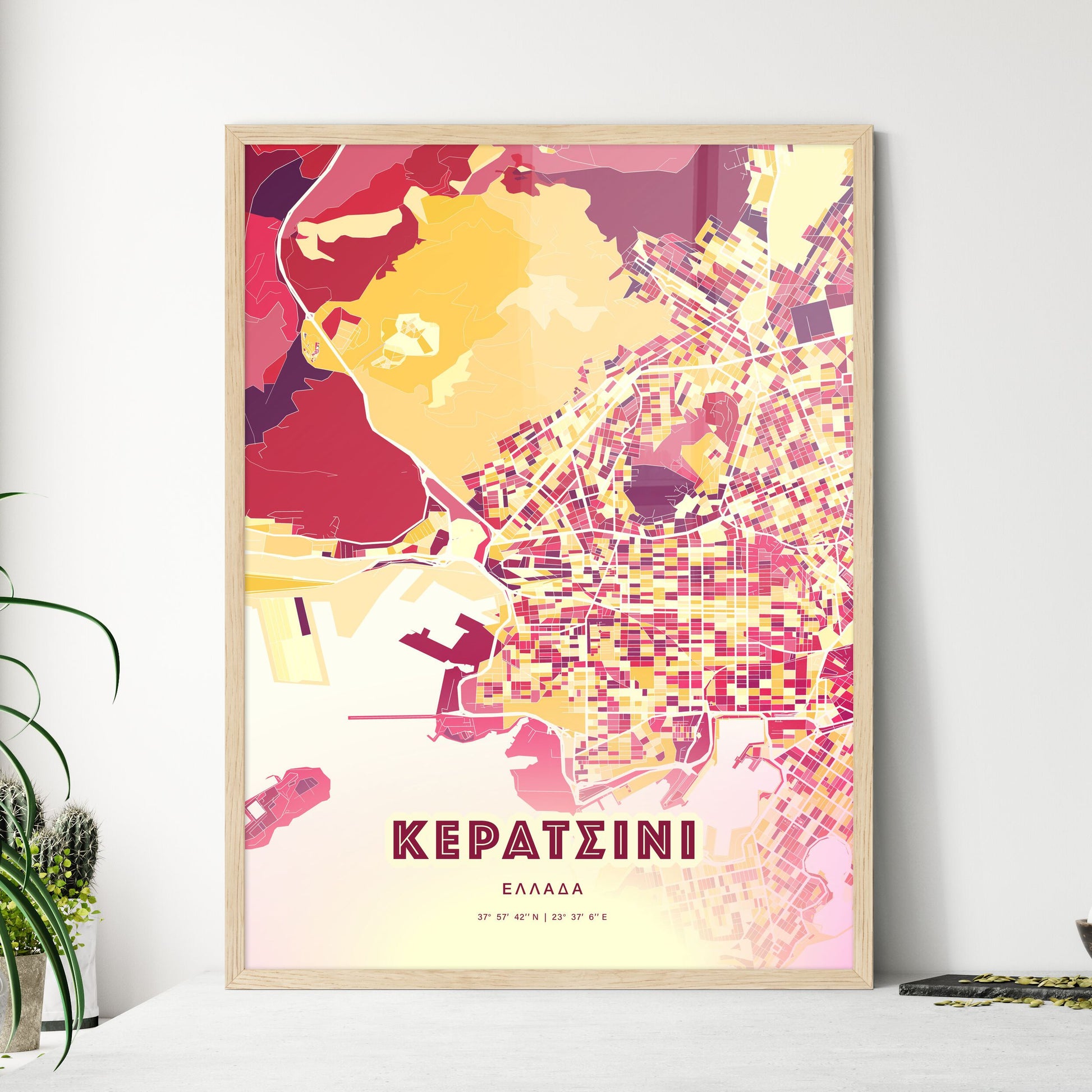 Colorful Keratsini Greece Fine Art Map Hot Red