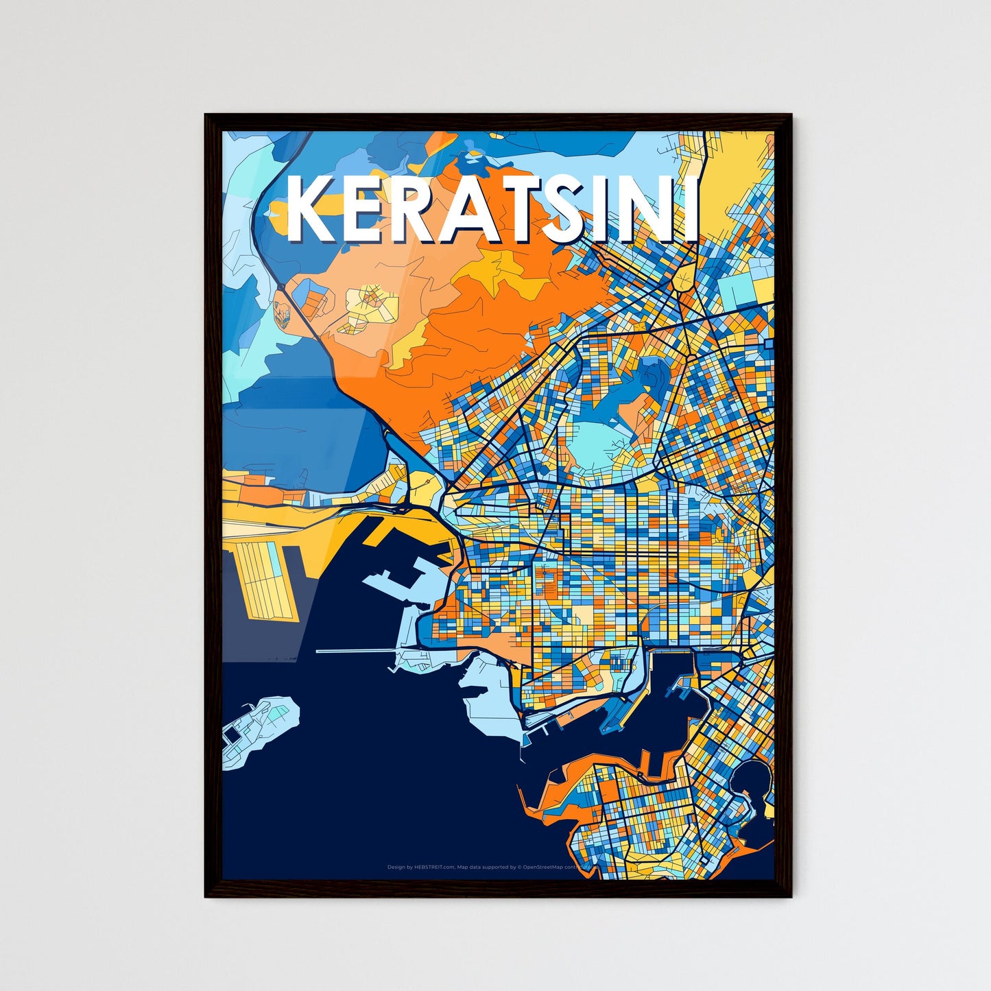 KERATSINI GREECE Vibrant Colorful Art Map Poster Blue Orange