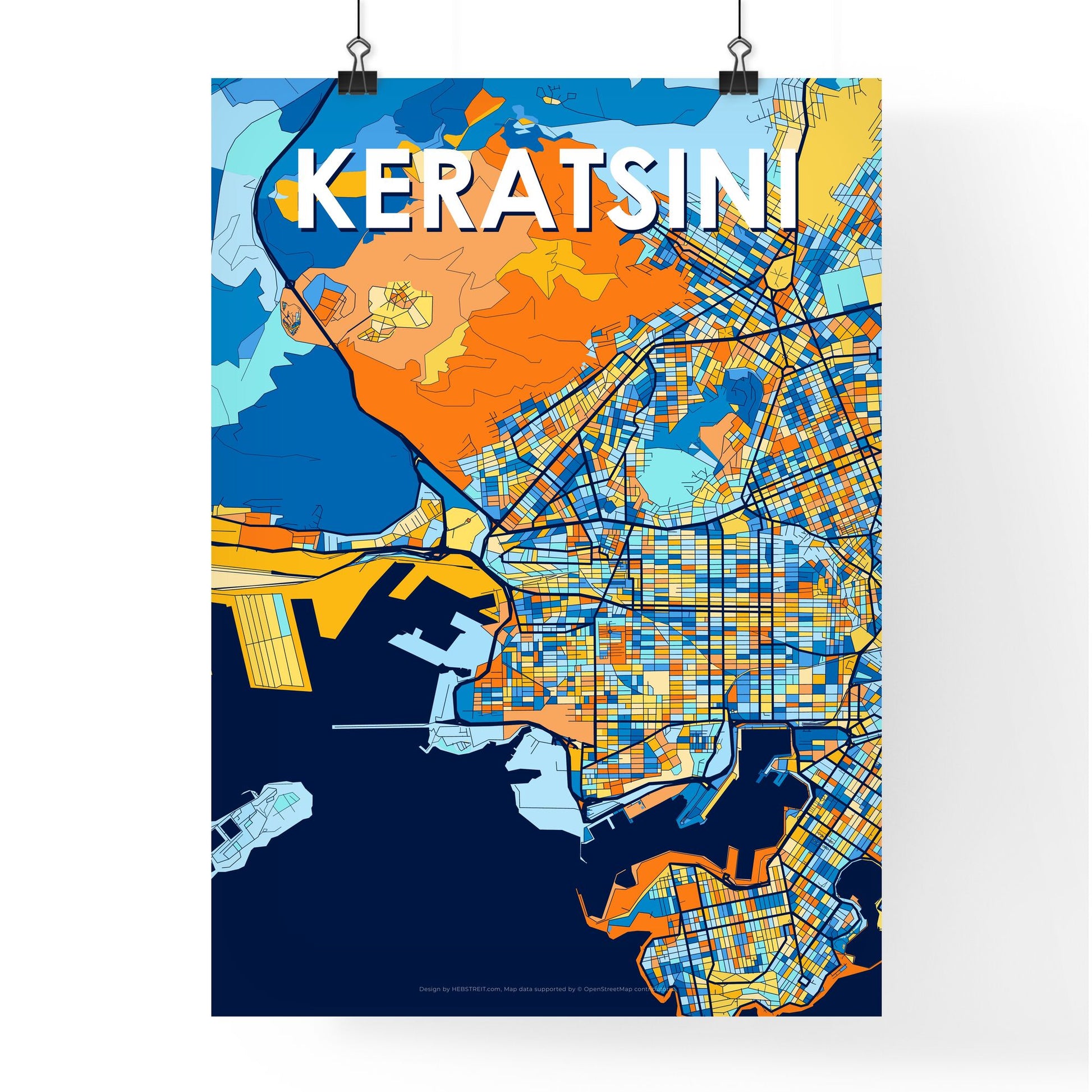 KERATSINI GREECE Vibrant Colorful Art Map Poster Blue Orange