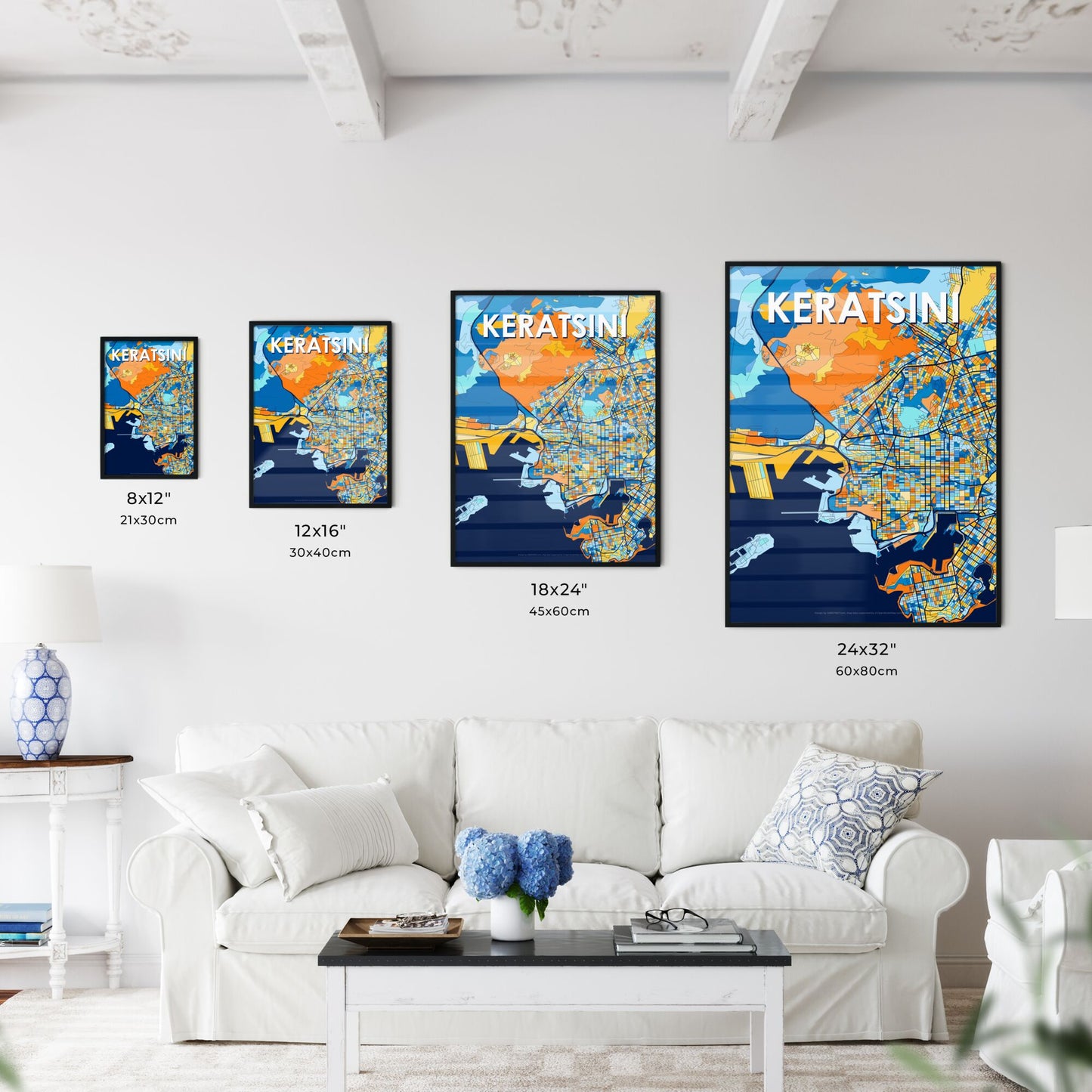 KERATSINI GREECE Vibrant Colorful Art Map Poster Blue Orange