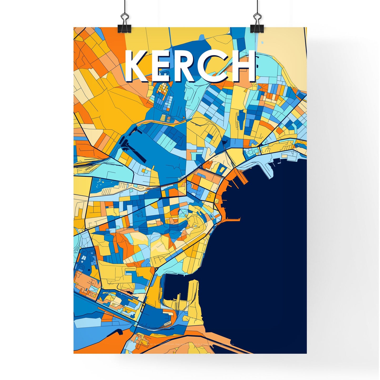 KERCH UKRAINE Vibrant Colorful Art Map Poster Blue Orange