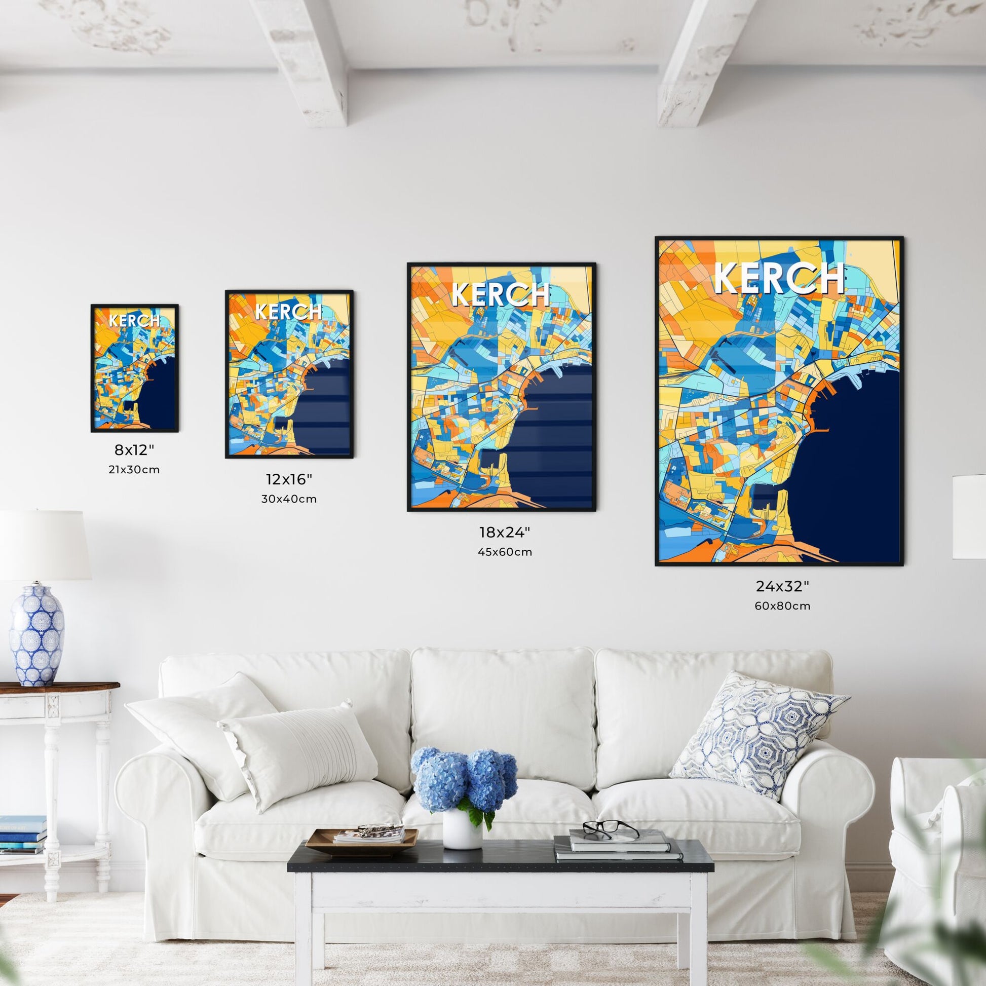 KERCH UKRAINE Vibrant Colorful Art Map Poster Blue Orange