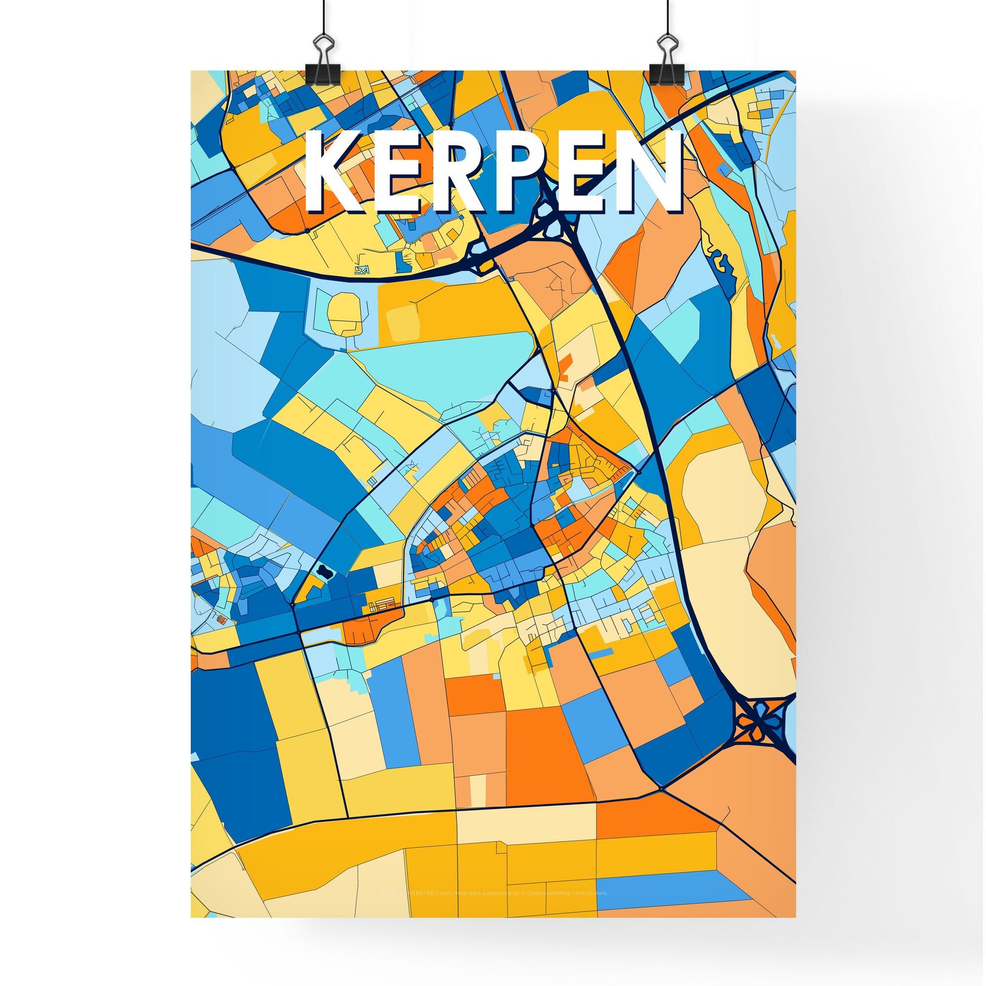 KERPEN GERMANY Vibrant Colorful Art Map Poster Blue Orange