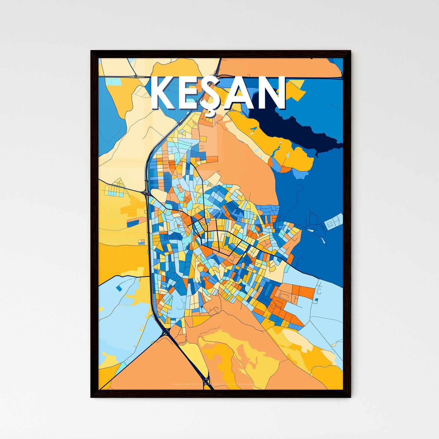 KEŞAN TURKEY Vibrant Colorful Art Map Poster Blue Orange