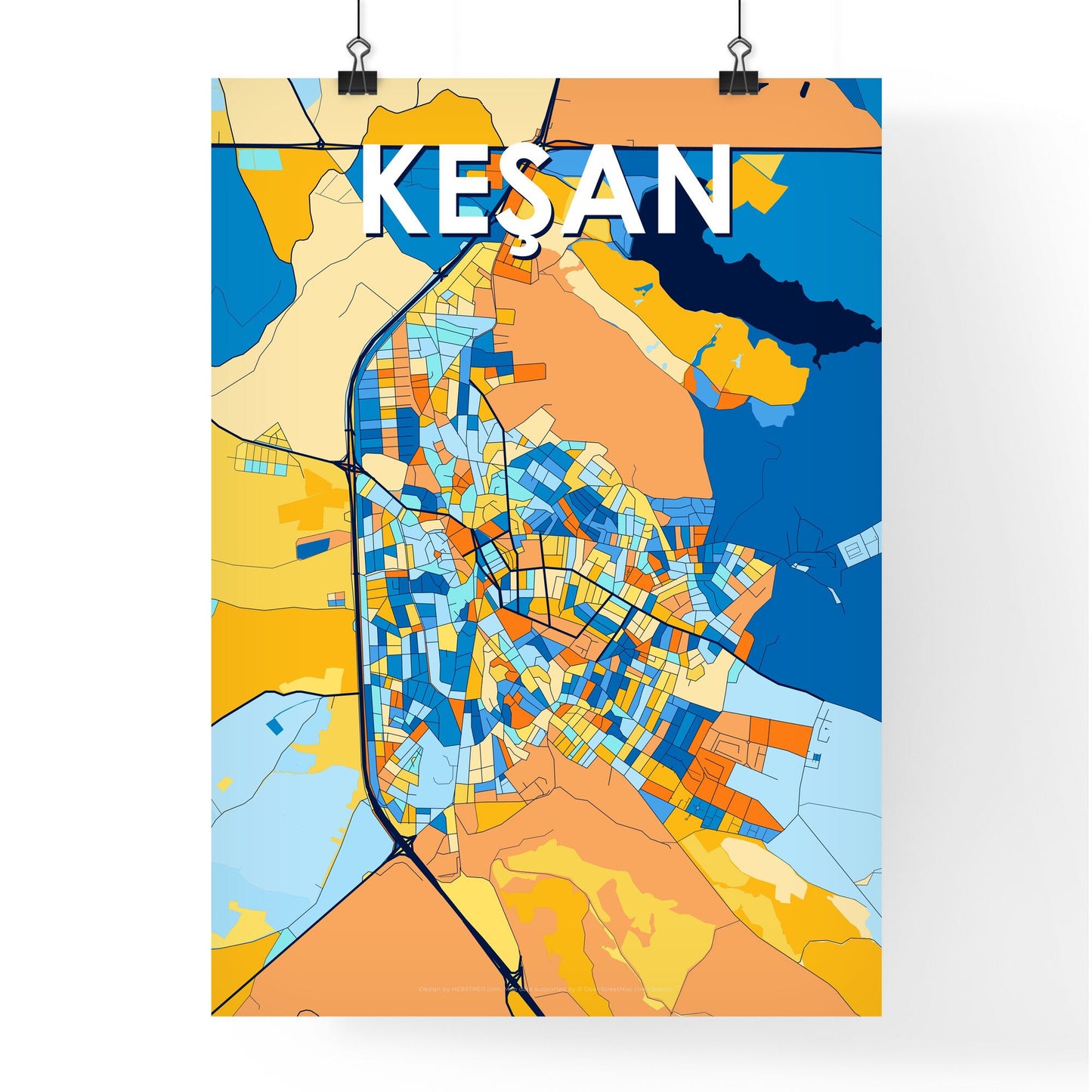 KEŞAN TURKEY Vibrant Colorful Art Map Poster Blue Orange