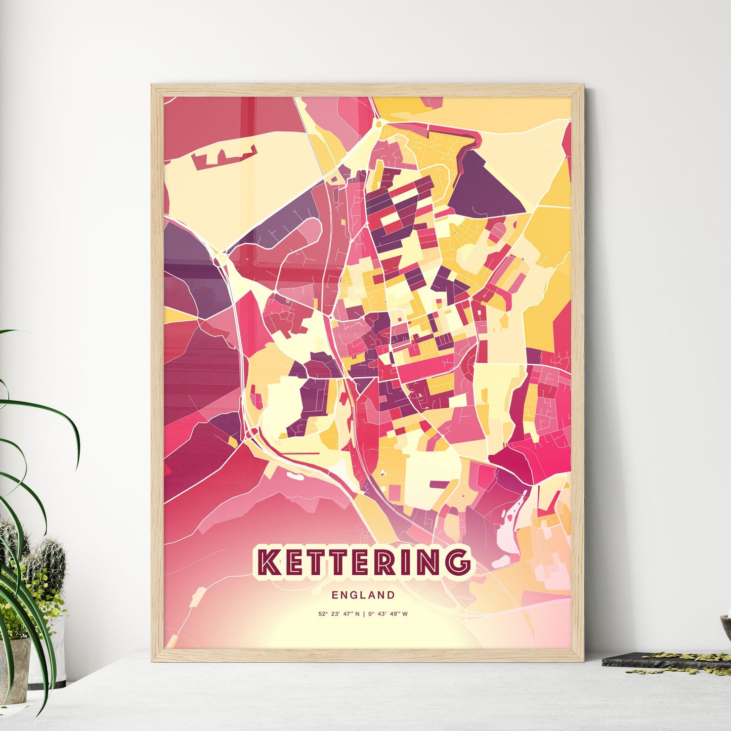 Colorful Kettering England Fine Art Map Hot Red