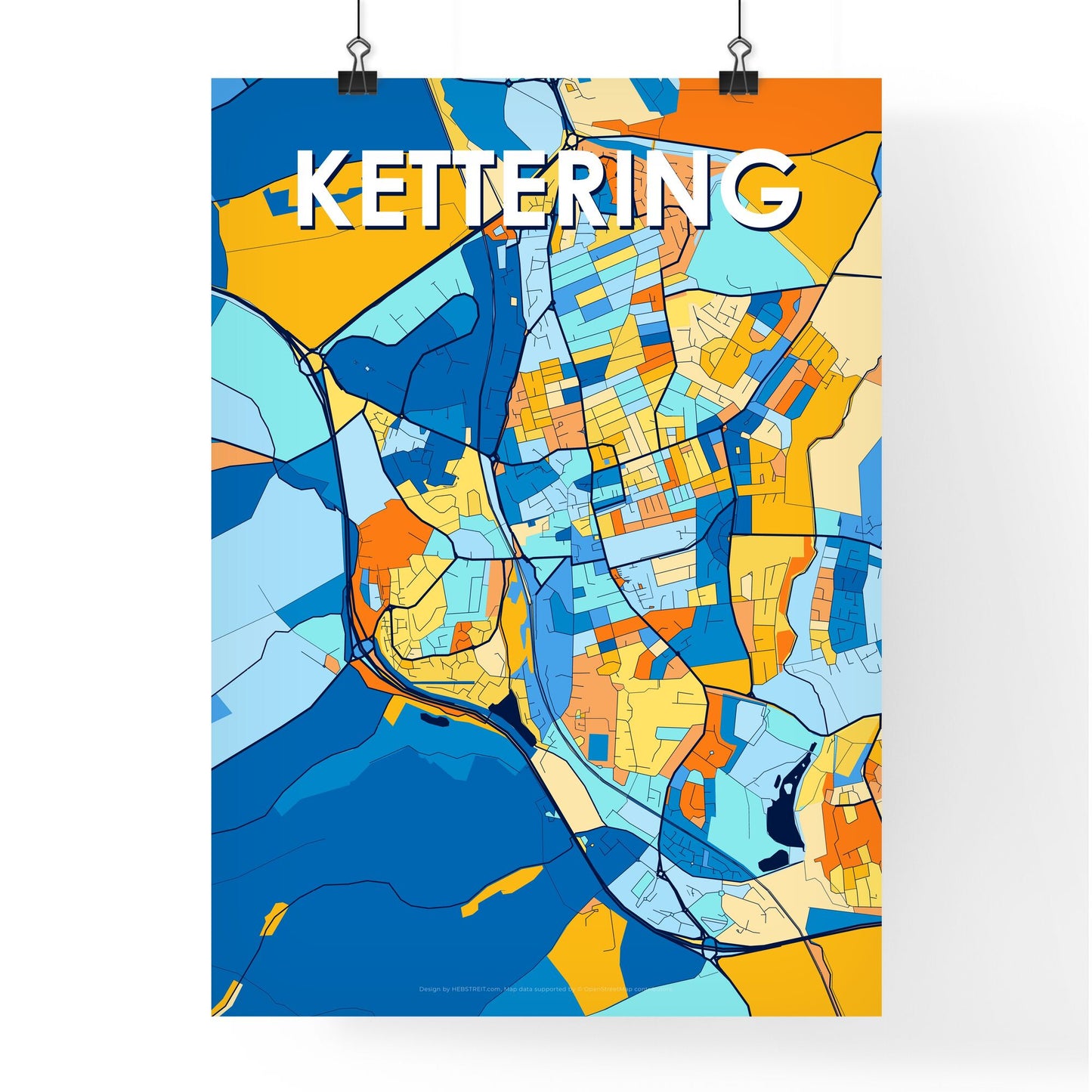 KETTERING ENGLAND Vibrant Colorful Art Map Poster Blue Orange