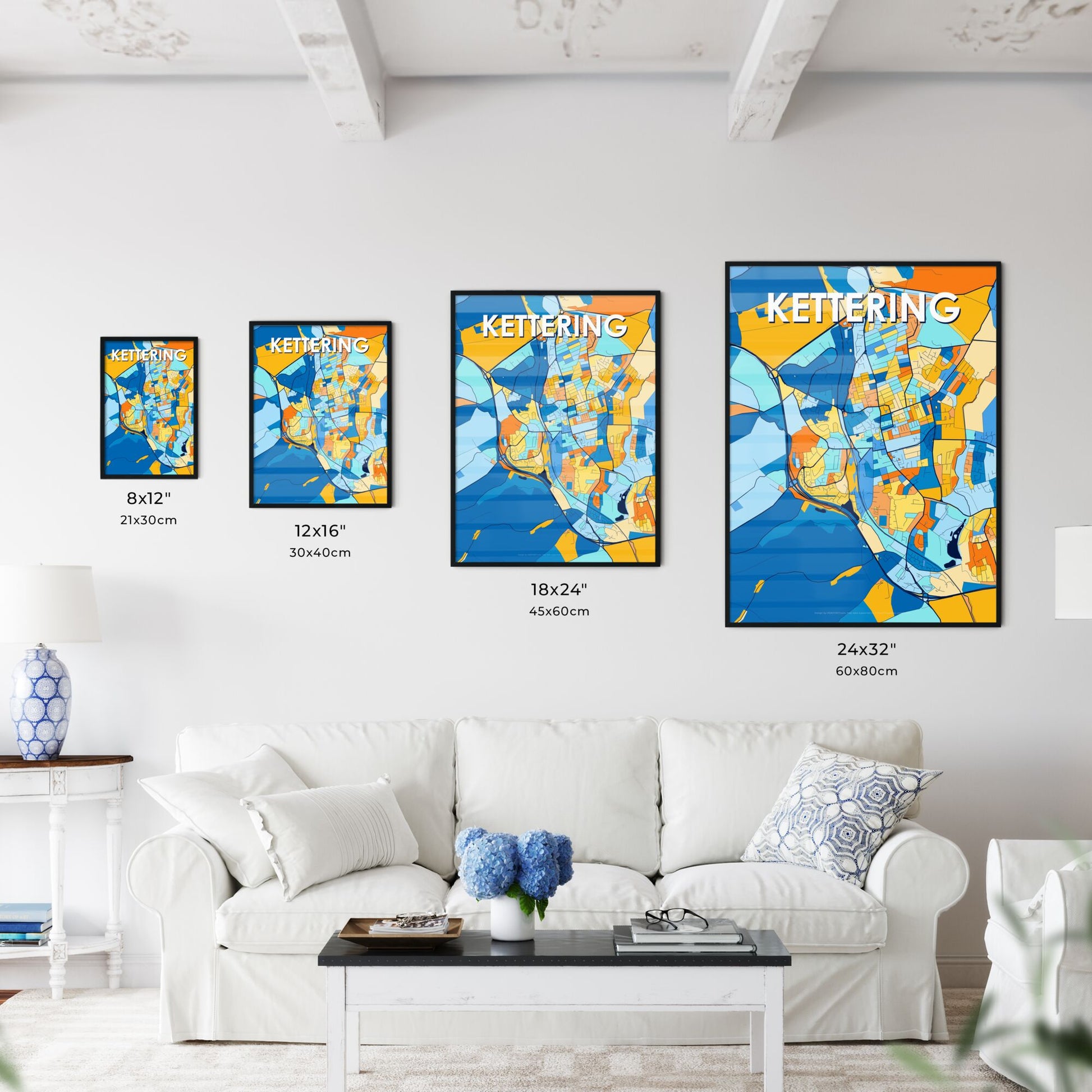 KETTERING ENGLAND Vibrant Colorful Art Map Poster Blue Orange