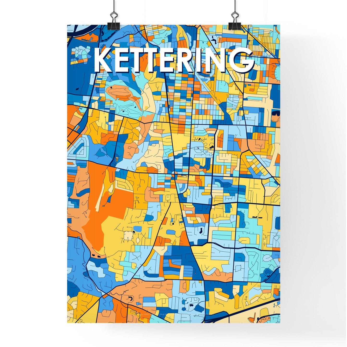 KETTERING OHIO Vibrant Colorful Art Map Poster Blue Orange