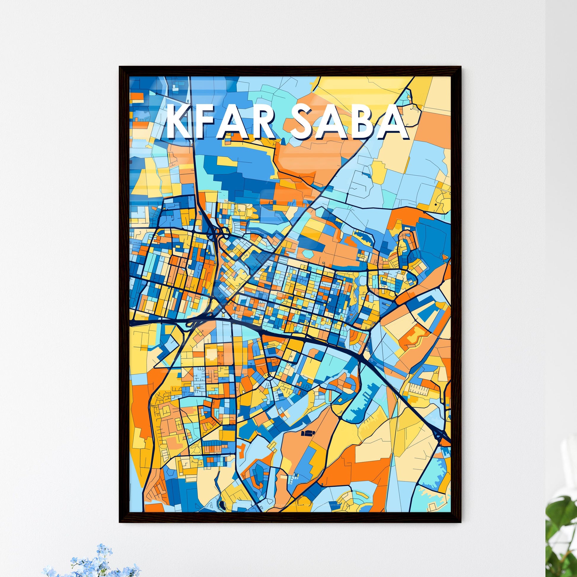 KFAR SABA ISRAEL Vibrant Colorful Art Map Poster Blue Orange